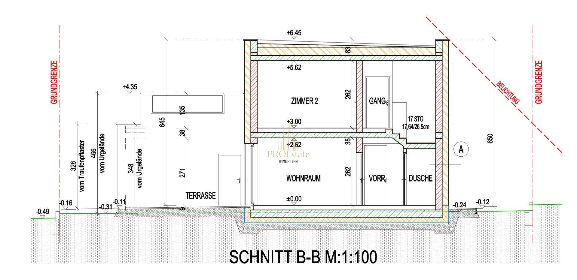 Gebäudeschnitt B-B zeigt die Raumhöhen und den Zugang zur Terrasse.