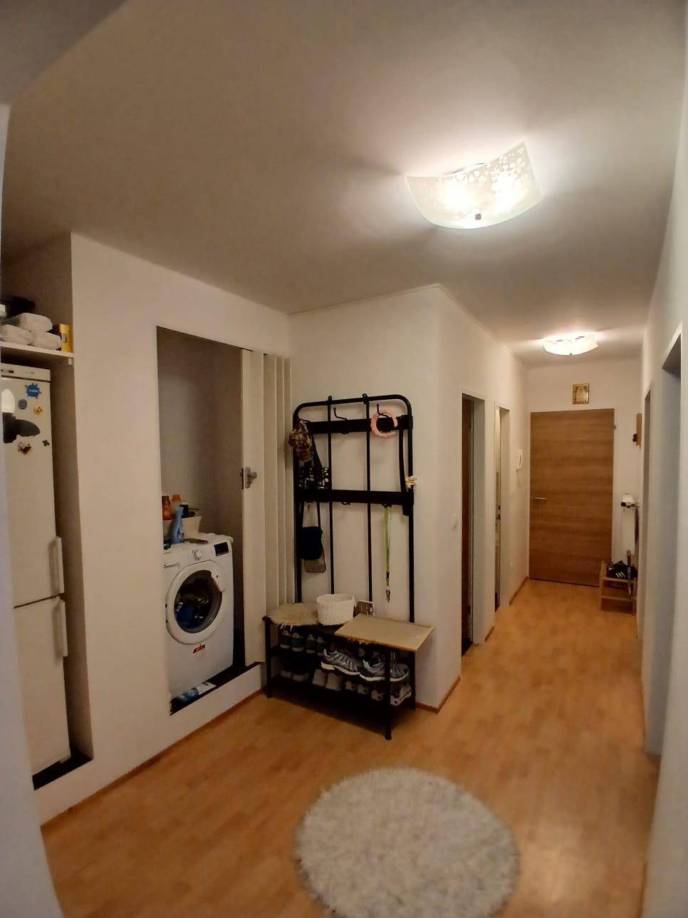 Flur mit Waschmaschine in einer Nische, Schuhregal, Garderobe und hellem Holzboden.
