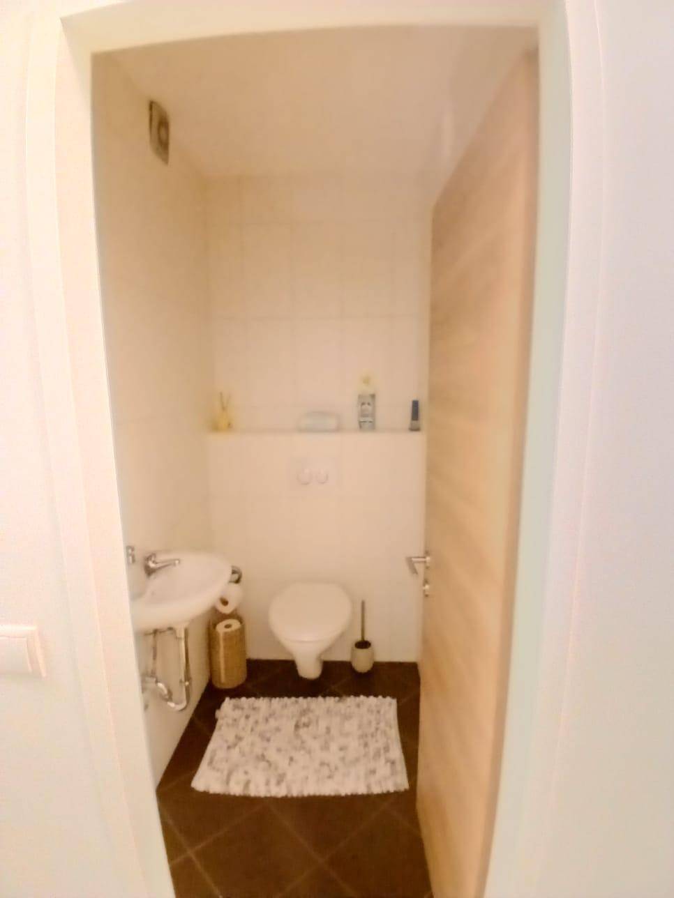 Kleines Gäste-WC mit wandhängender Toilette, kleinem Waschbecken und dunklen Bodenfliesen.