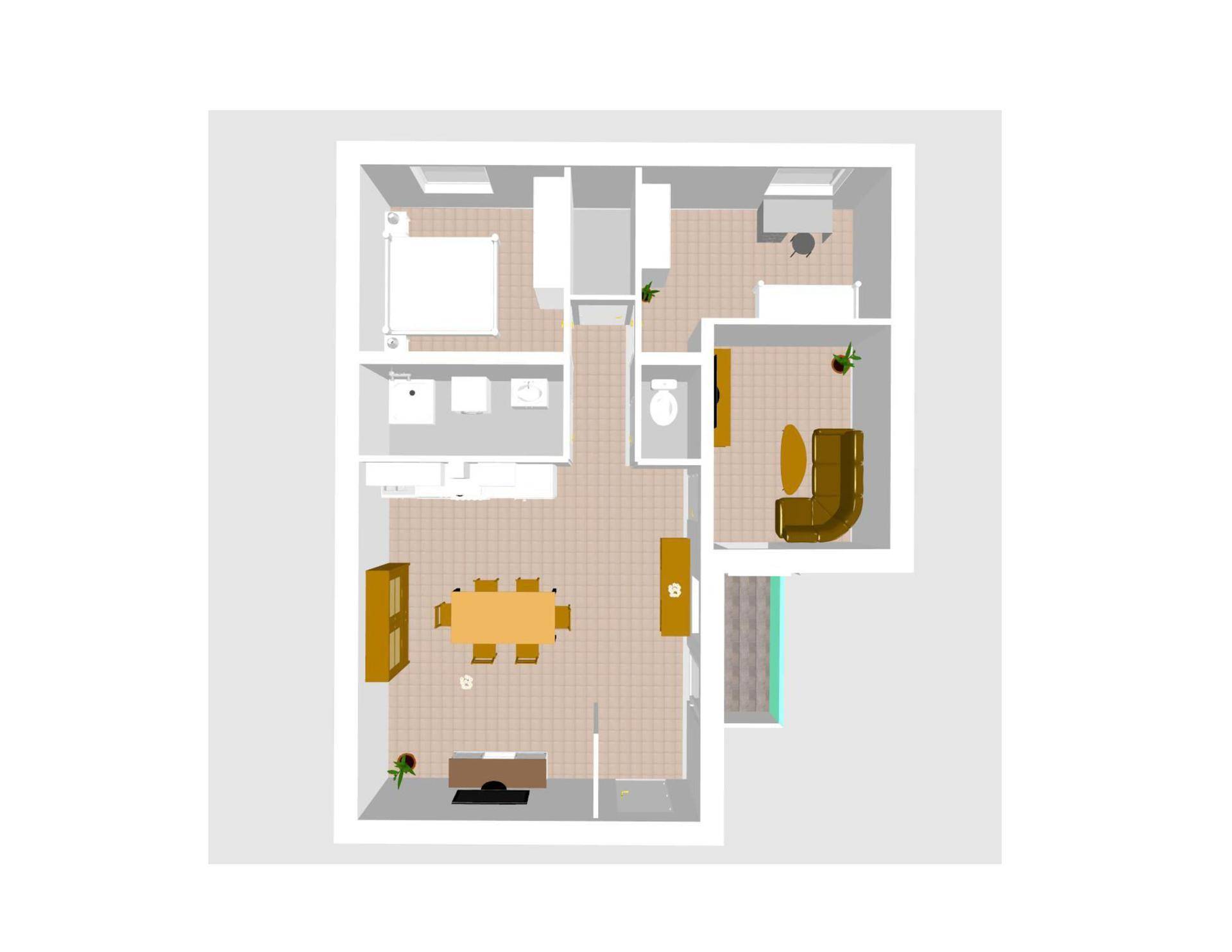 Detaillierter Grundriss einer Wohnung mit Schlafzimmer, Wohnbereich, Küche und Bad, zeigt die Raumaufteilung.