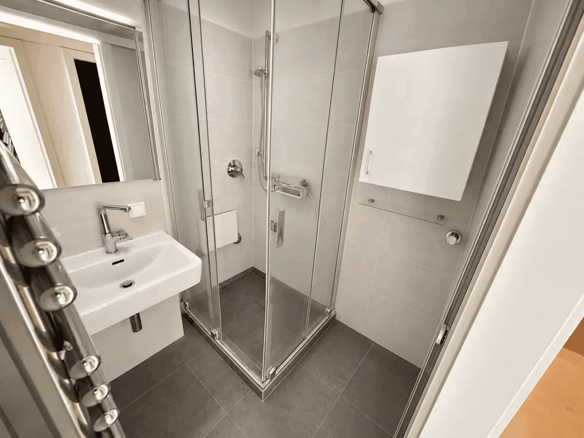 Modernes Badezimmer mit begehbarer Dusche, Waschbecken und beheiztem Handtuchhalter.