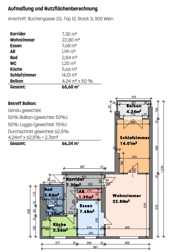 Detaillierter Grundriss der Wohnung mit Raumaufteilung und Flächenberechnung.