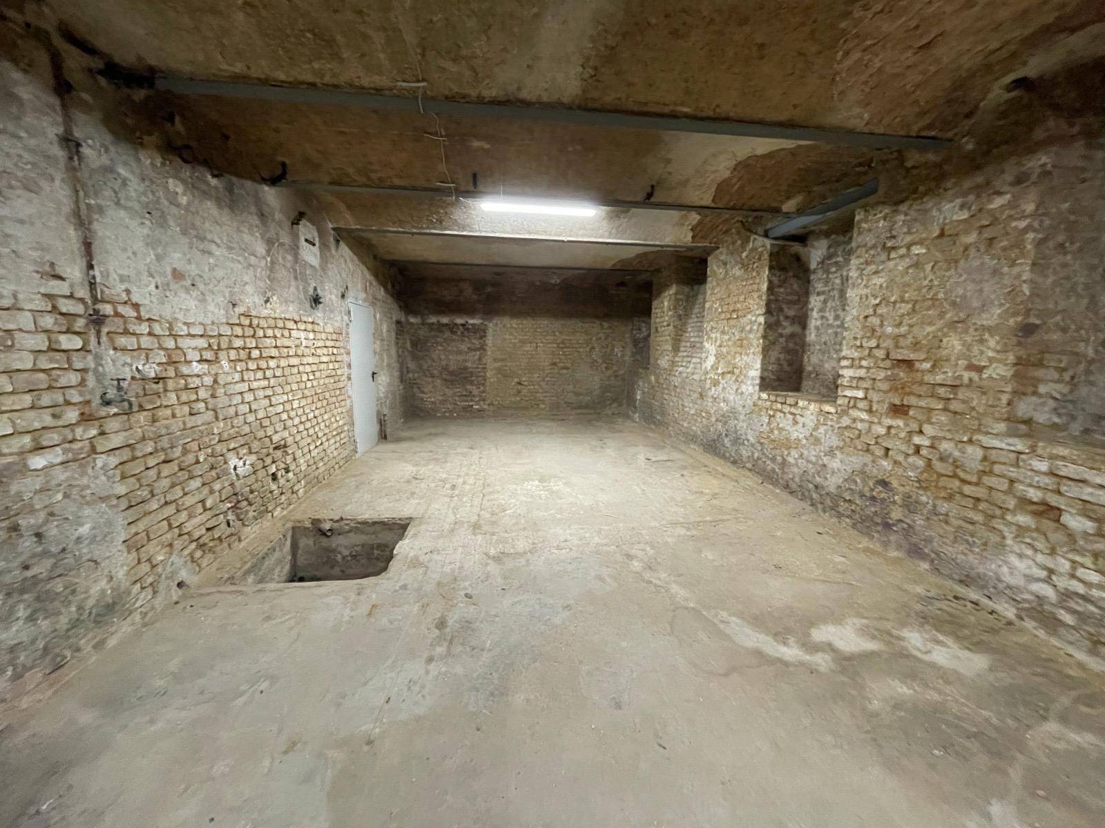 Großer, leerer Kellerraum mit unverputzten Ziegelwänden, Betonboden und einer Bodenöffnung.