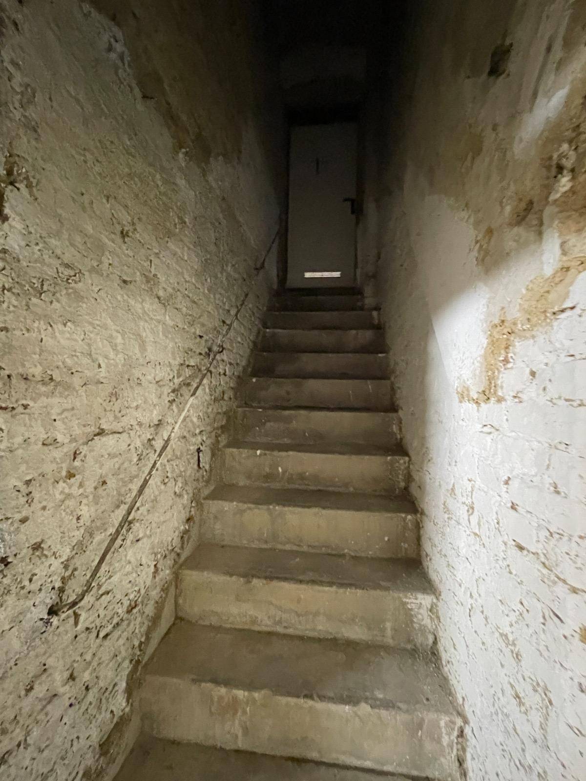 Lange Betontreppe führt in einen dunklen Keller, mit rauen Wänden und einem einfachen Handlauf.