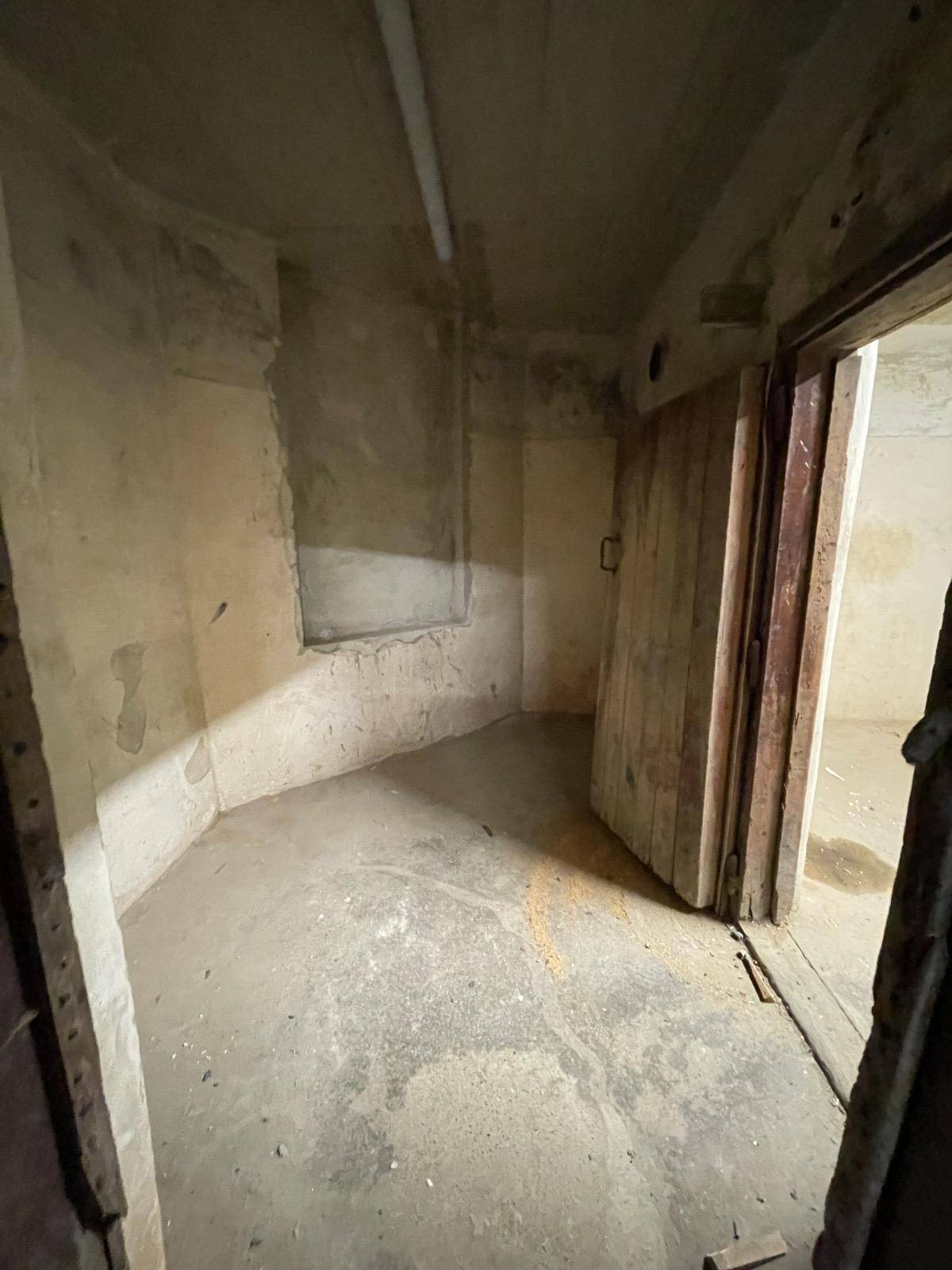 Kleiner, runder Kellerraum mit Betonboden und rauen Wänden, eine Holztür ist sichtbar.