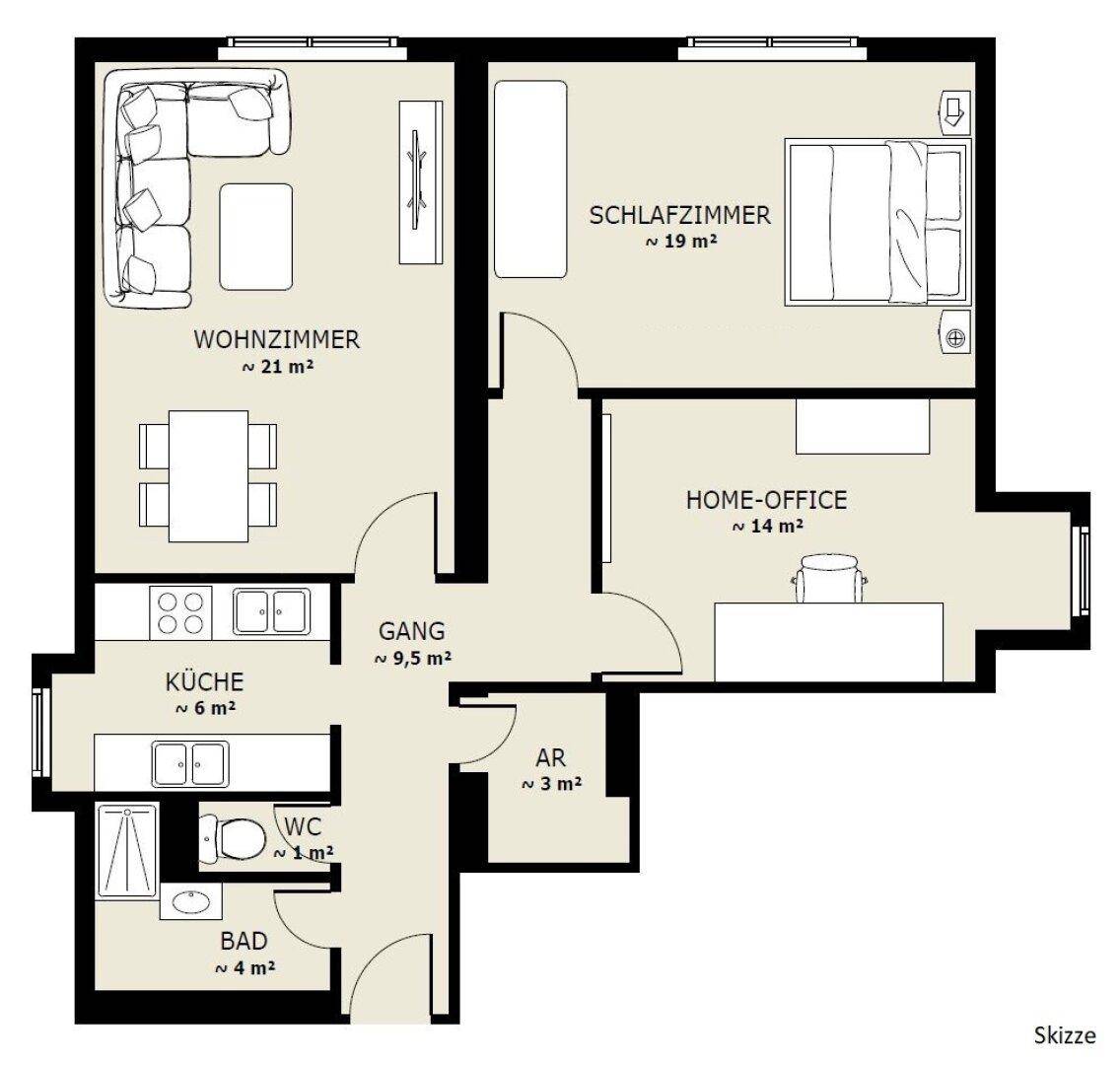 Übersichtlicher Grundriss mit Wohnzimmer, Schlafzimmer, Home-Office und Küche.