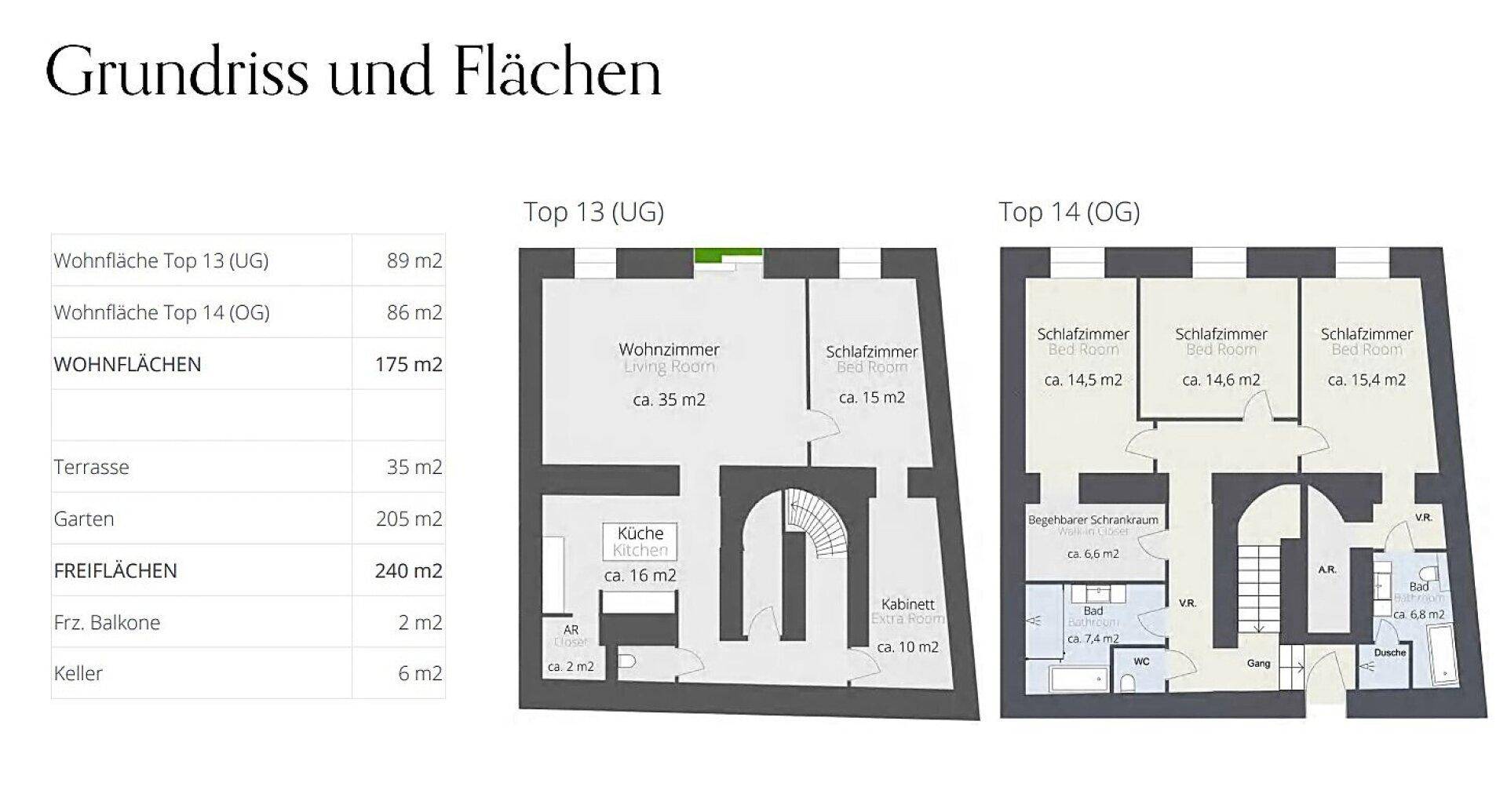 Grundriss zeigt zwei Etagen mit Wohn-, Schlafzimmern, Bädern und Zugang zu Garten und Terrasse.