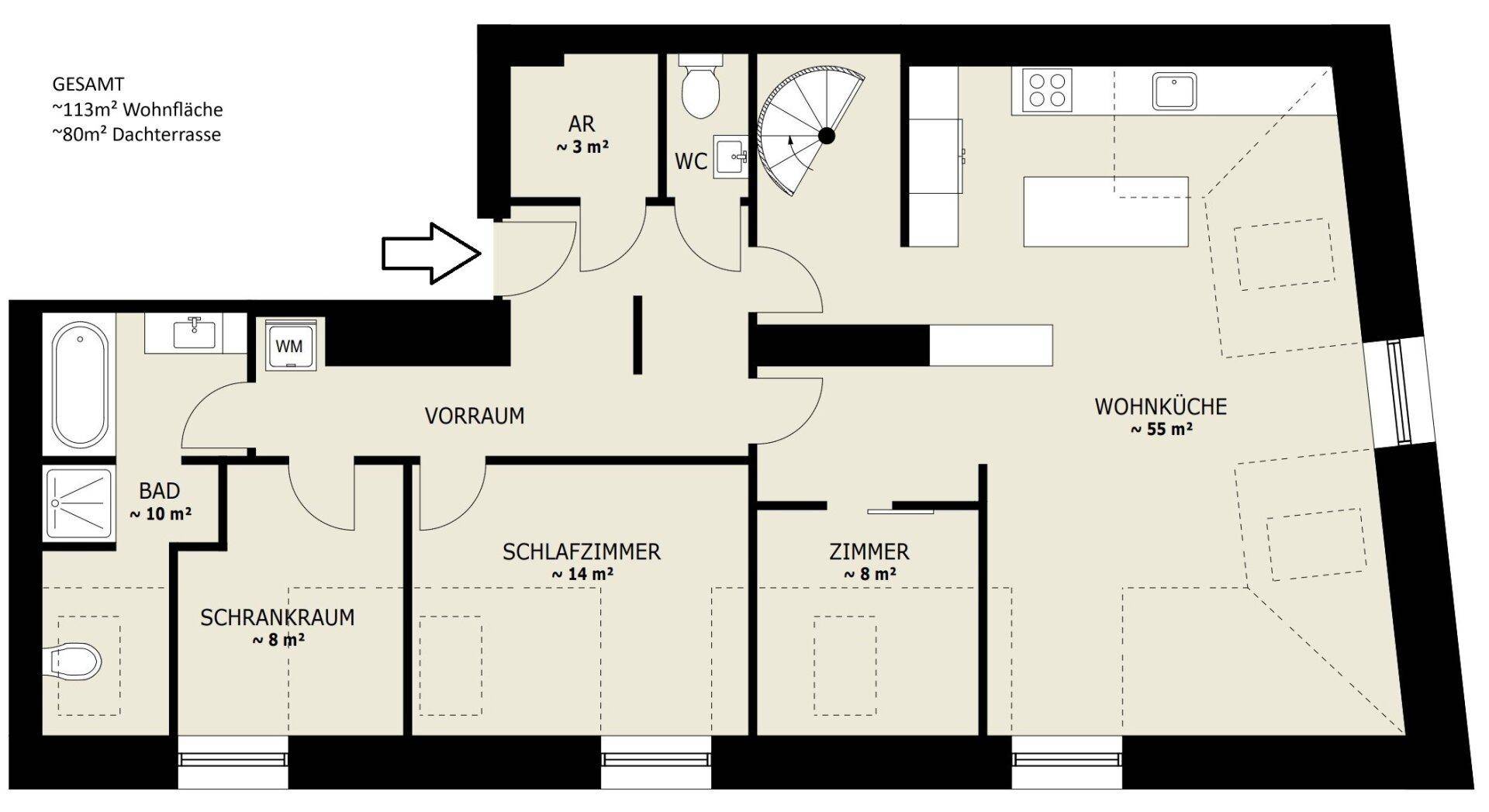 Grundriss der Wohnung mit Wohnküche, Schlafzimmern und Dachterrasse.