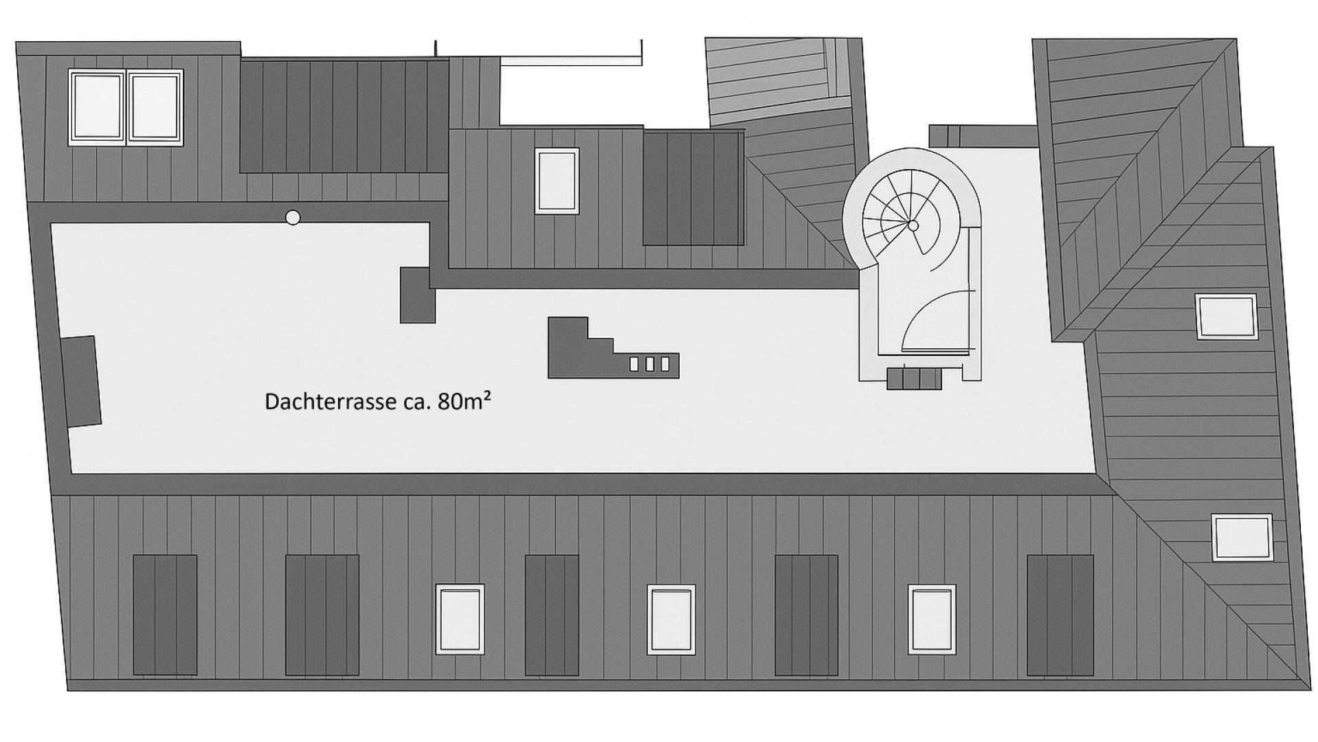 Grundriss der Dachterrasse mit ca. 80m² Fläche und Zugang zur Wohnung.