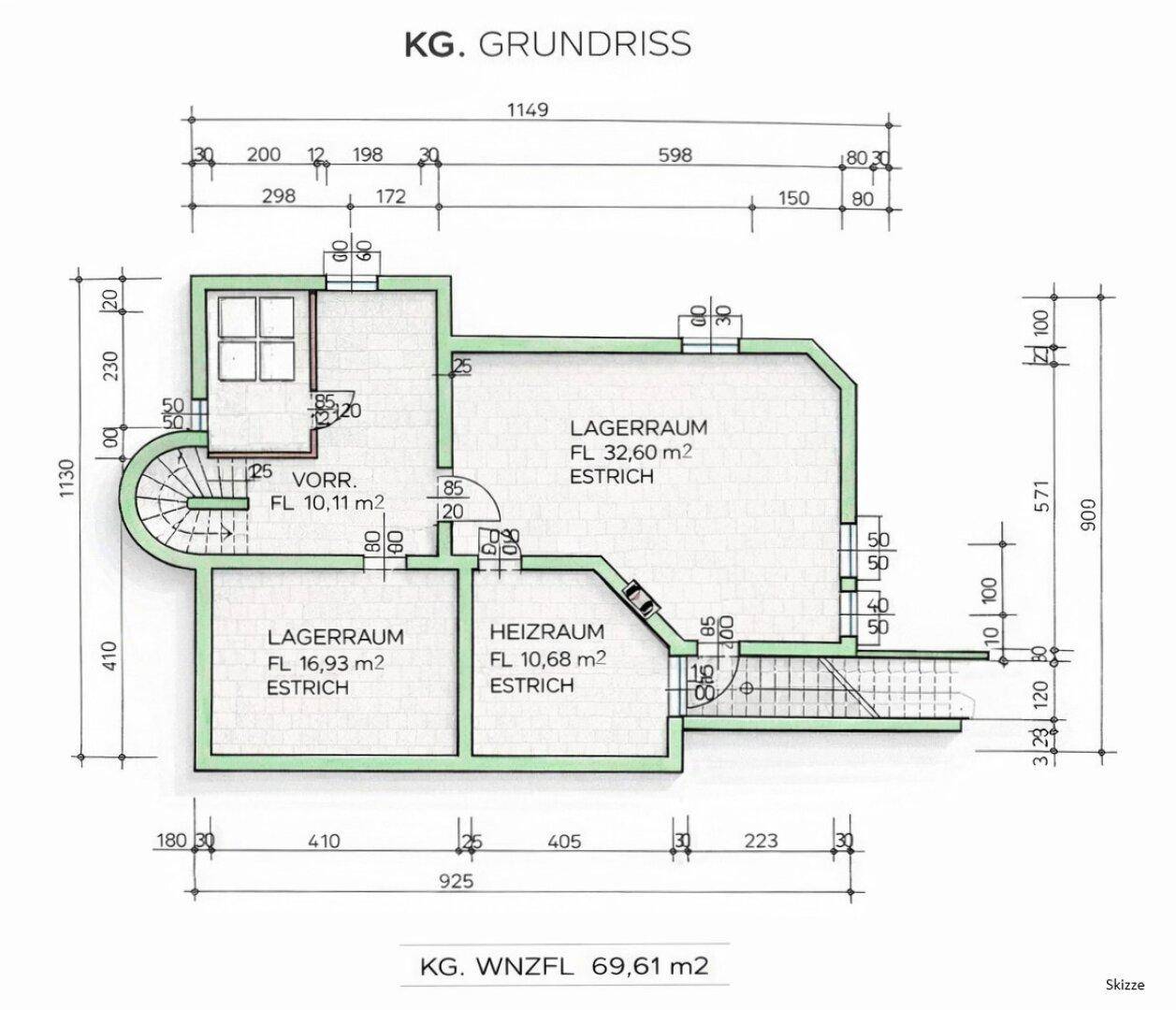 Grundriss des Kellergeschosses mit Lagerräumen und Heizraum.