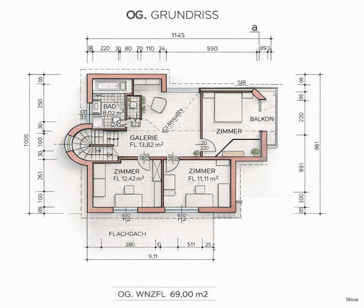 Grundriss des Obergeschosses mit Schlafzimmern, Bad und Balkon.