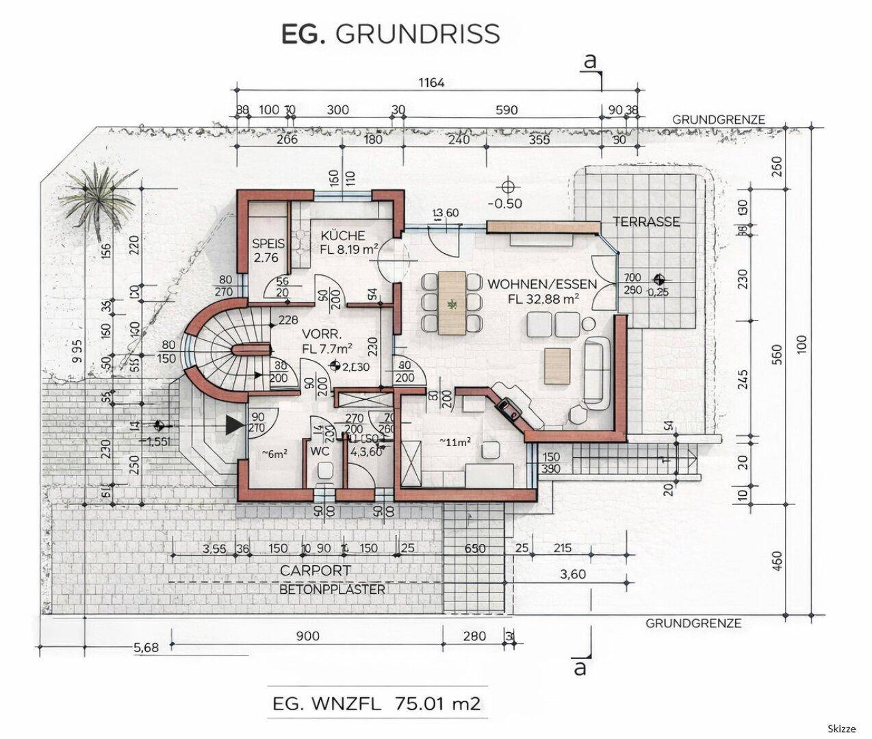 Grundriss des Erdgeschosses mit Wohn-Essbereich, Küche und Terrasse.