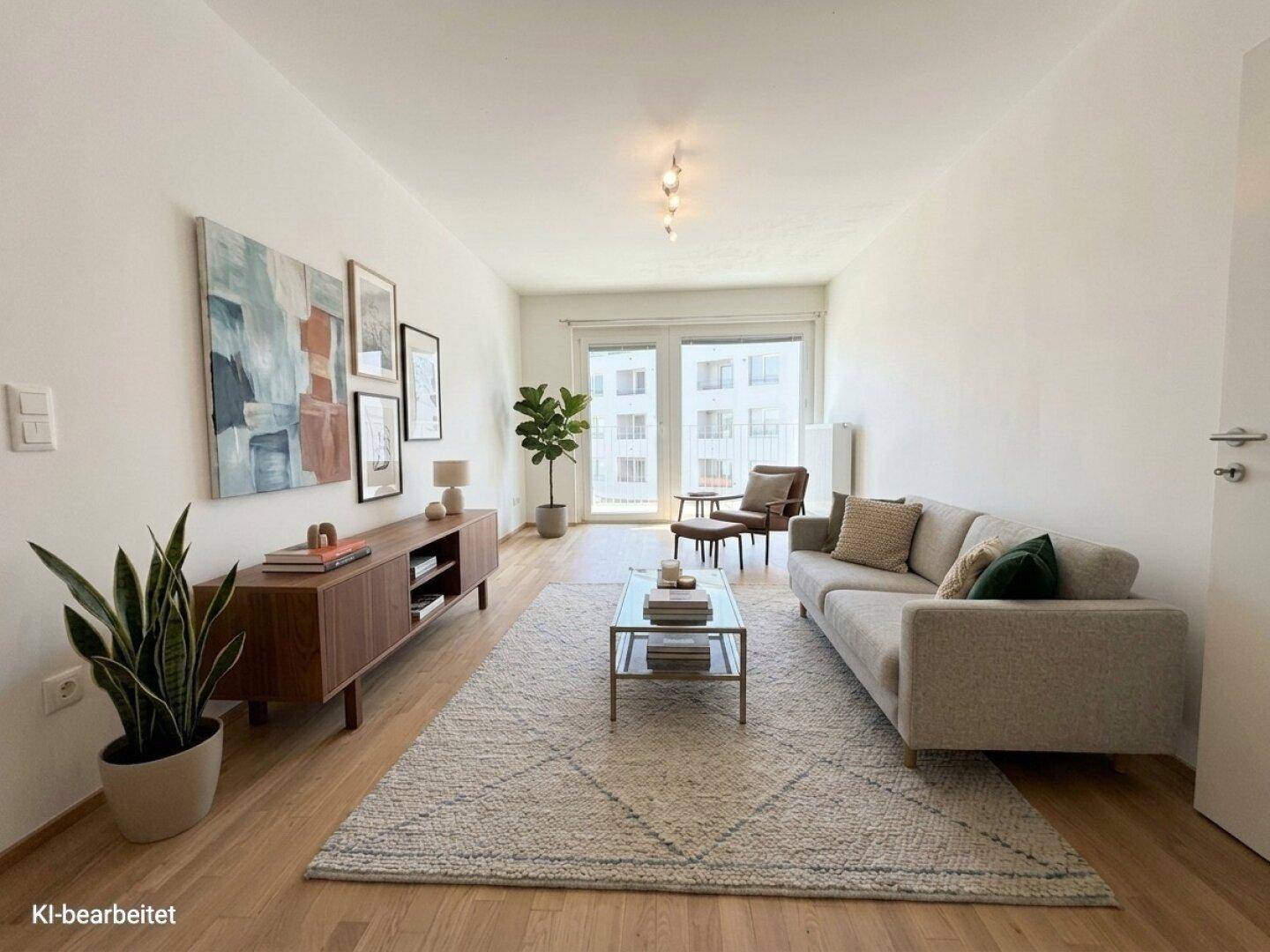 Modern eingerichtetes Wohnzimmer mit hellem Sofa, Holzboden und dekorativen Pflanzen.