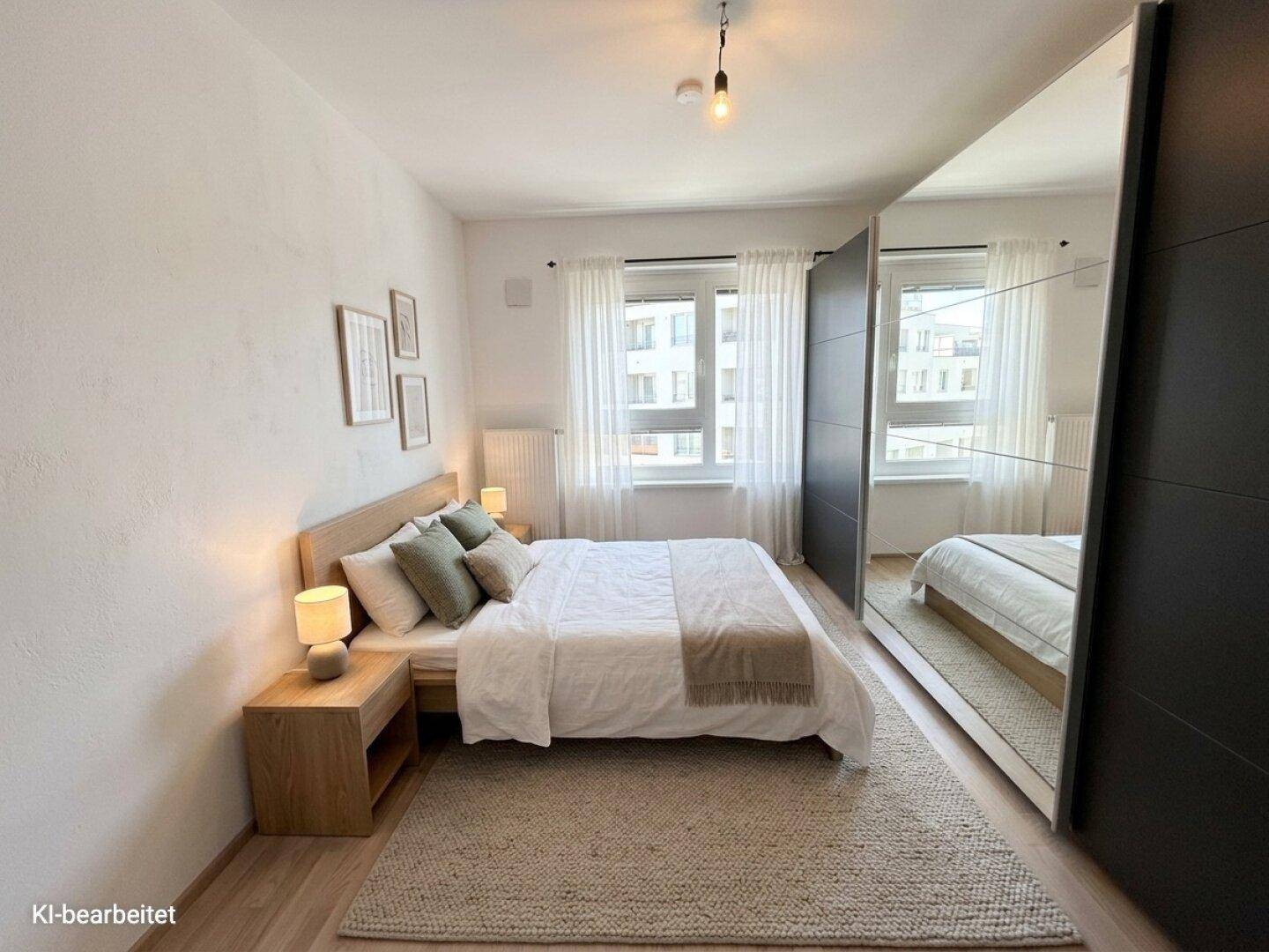 Gemütliches Schlafzimmer mit Doppelbett, Nachttischen und großem Spiegelschrank.