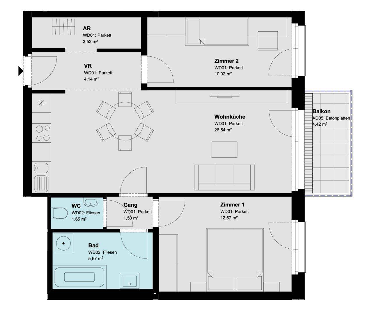 Grundriss einer Dreizimmerwohnung mit offener Wohnküche, zwei Schlafzimmern und Balkon.