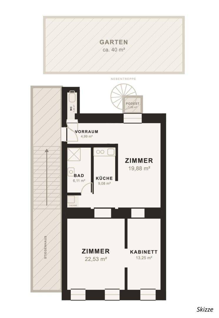 Grundrissplan zeigt eine Wohnung mit separater Küche, Bad, WC, mehreren Zimmern und Zugang zu einem Garten.