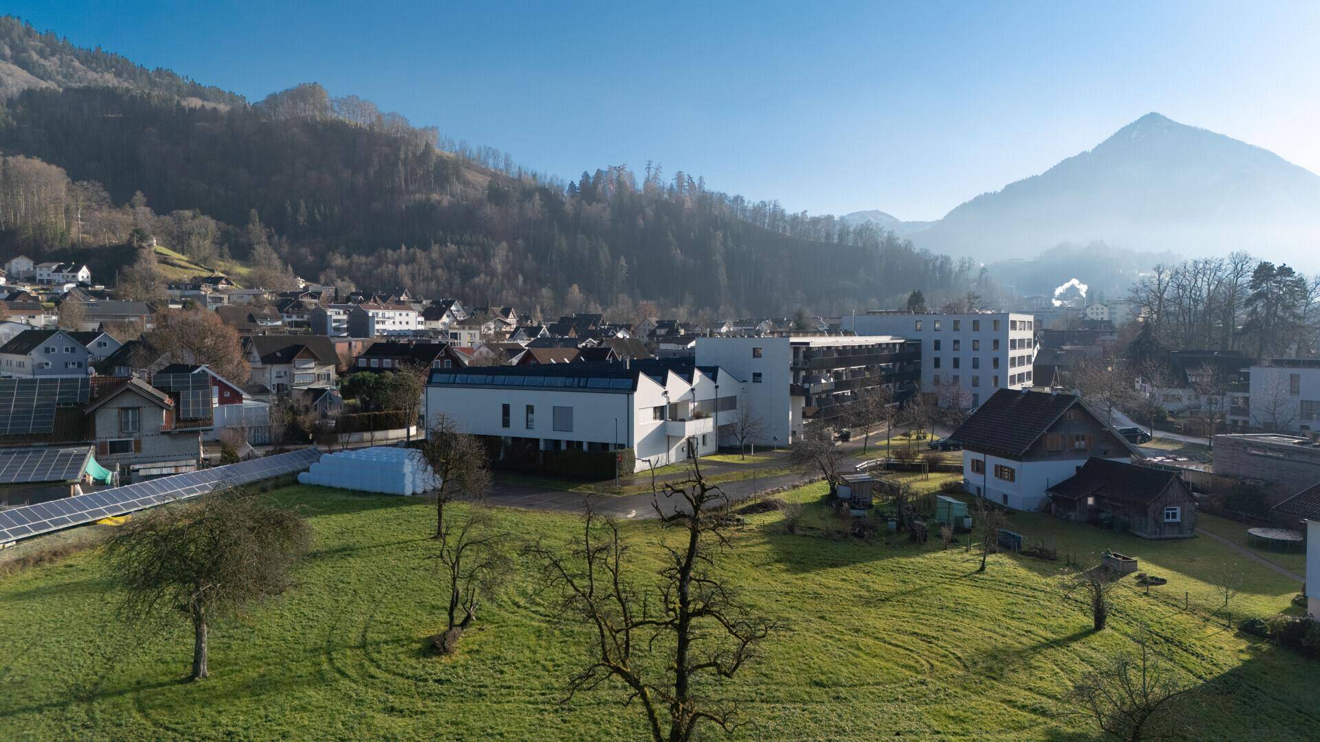 Weitläufige Luftaufnahme einer Wohngegend mit grünen Flächen und majestätischen Bergen im Hintergrund.