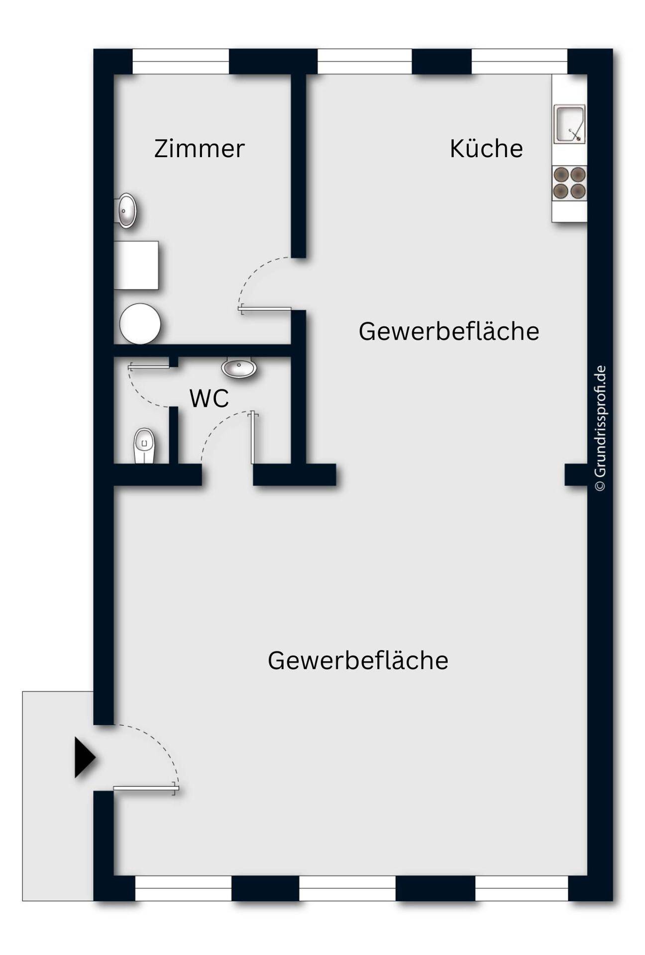 Grundriss einer Gewerbefläche mit separatem Zimmer, Küche und WC-Bereich.