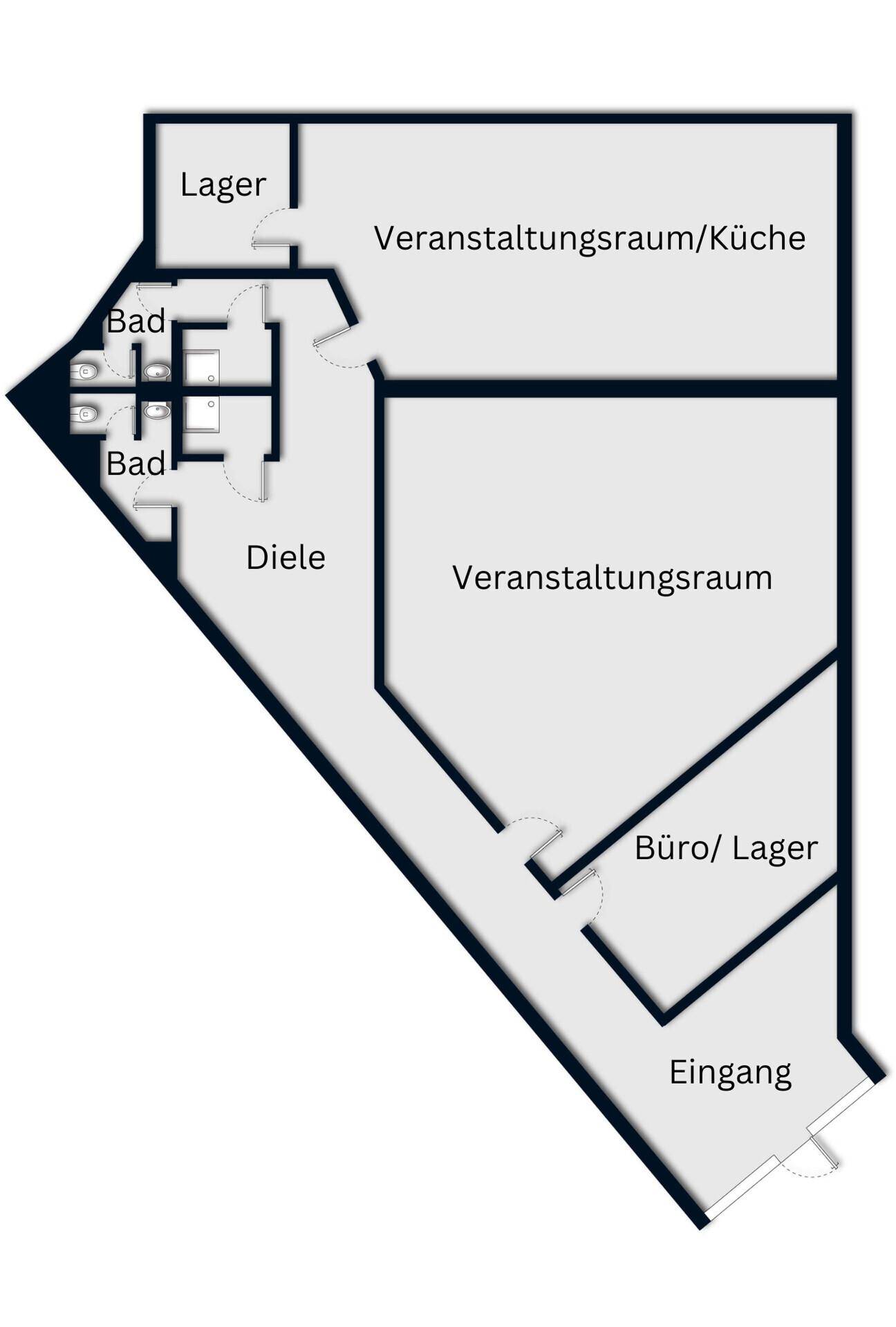 Grundriss mit Bezeichnungen für Lager, Bäder, Diele, Veranstaltungsräume, Küche, Büro und Eingang.