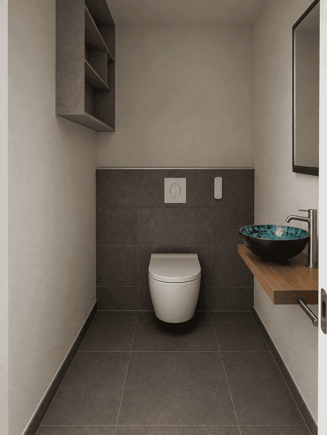 Elegantes Gäste-WC mit Wand-WC, modernem Waschbecken und dunklen Fliesen.