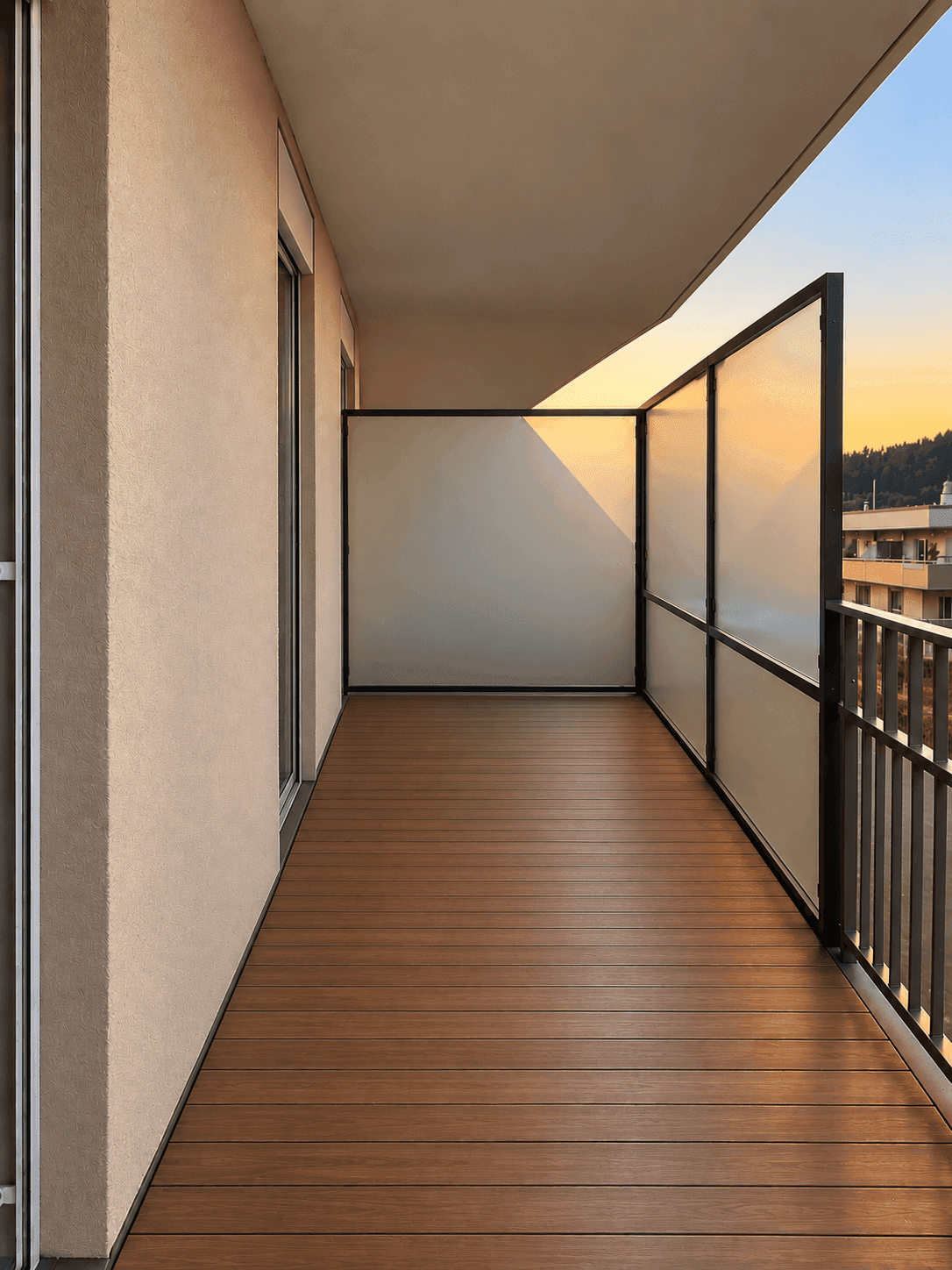 Langer Balkon mit Holzboden und Milchglas-Sichtschutz, ideal für entspannte Stunden.