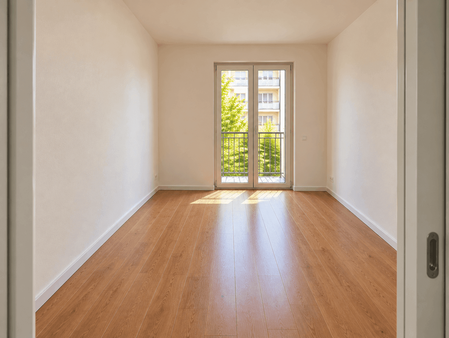 Helles Zimmer mit Holzboden und Balkontür, ideal als Schlaf- oder Arbeitszimmer.