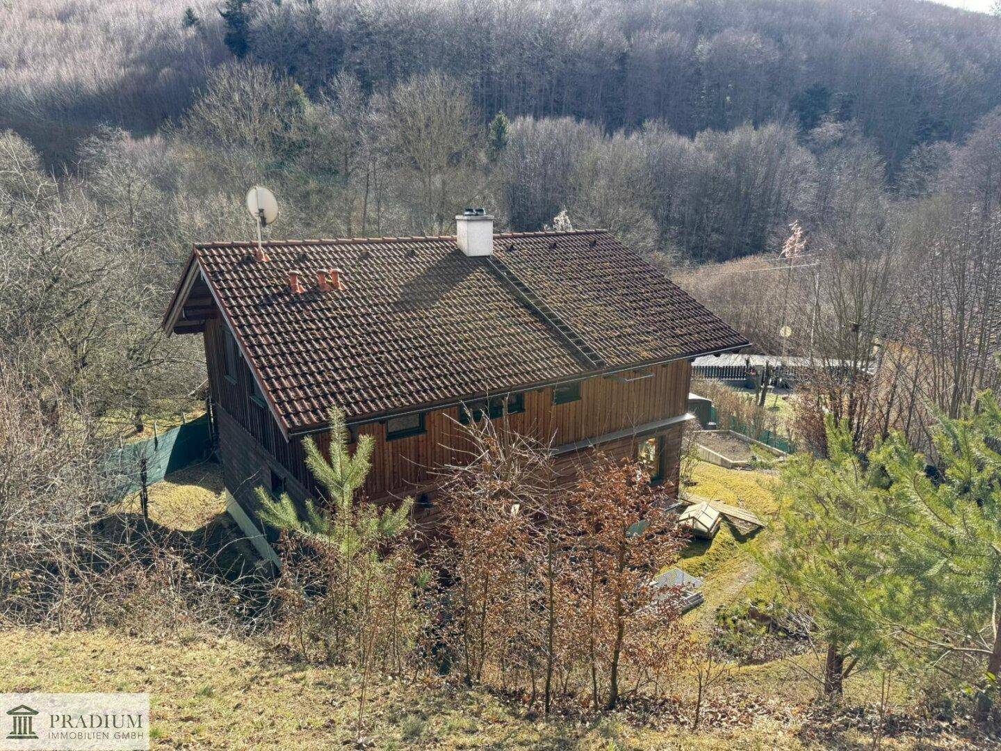 Vogelperspektive des Holzhauses mit Satteldach, eingebettet in eine bewaldete Hügellandschaft unter blauem Himmel.