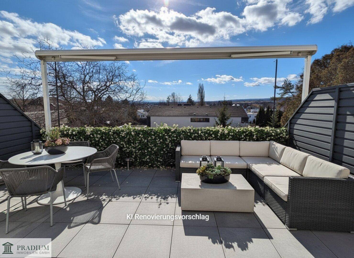 Moderne Dachterrasse mit bequemen Loungemöbeln und weitem Blick über die Umgebung.