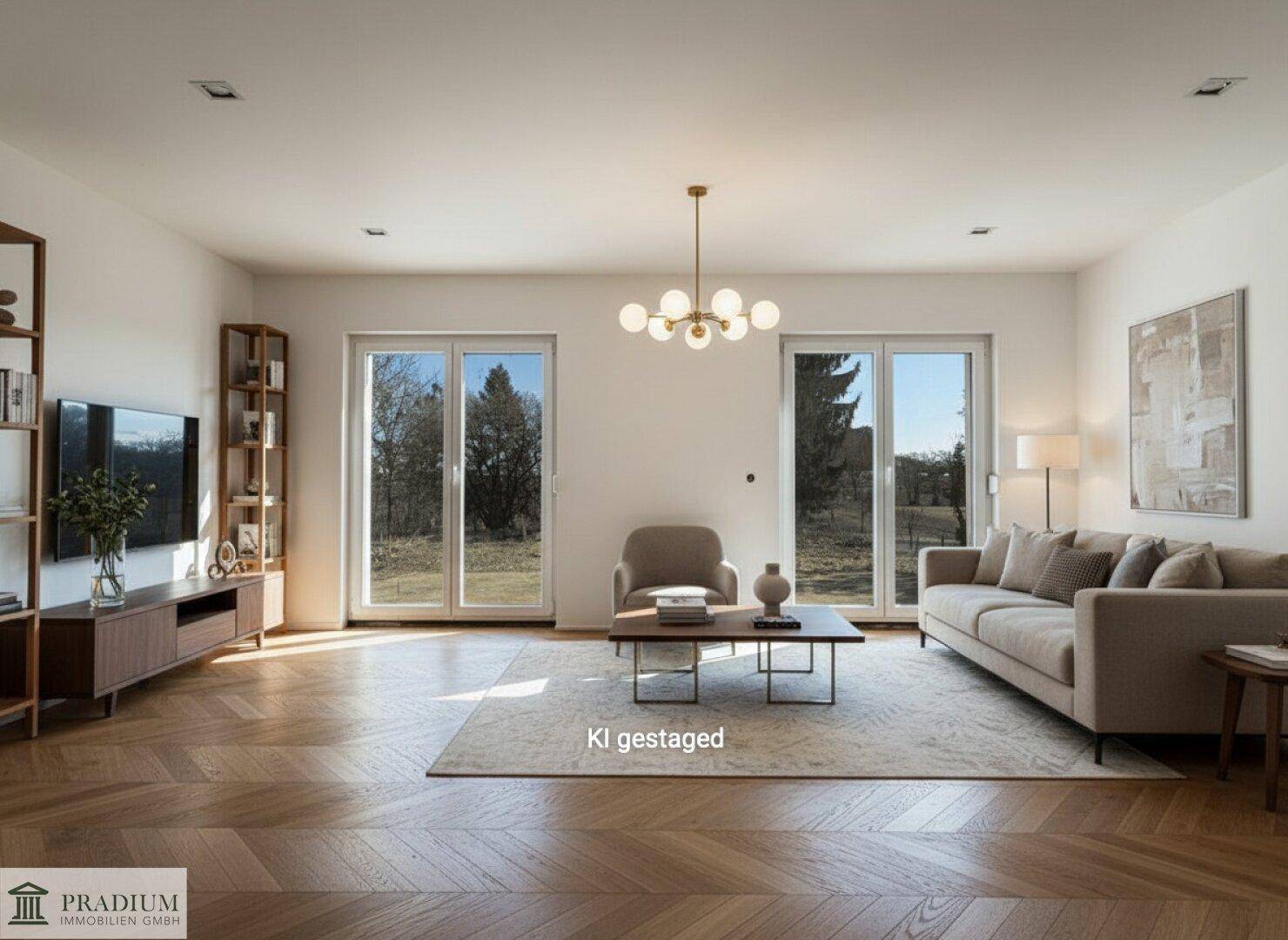 Helles Wohnzimmer mit Fischgrätparkett, großen Fenstern und moderner, einladender Möblierung.
