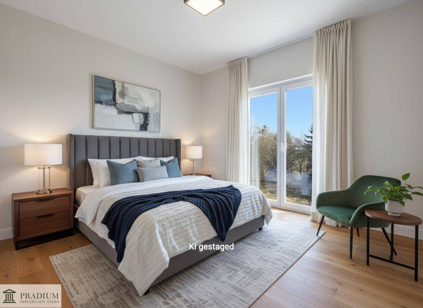 Elegantes Schlafzimmer mit Holzboden, großem Fenster und Blick ins Grüne, modern möbliert.