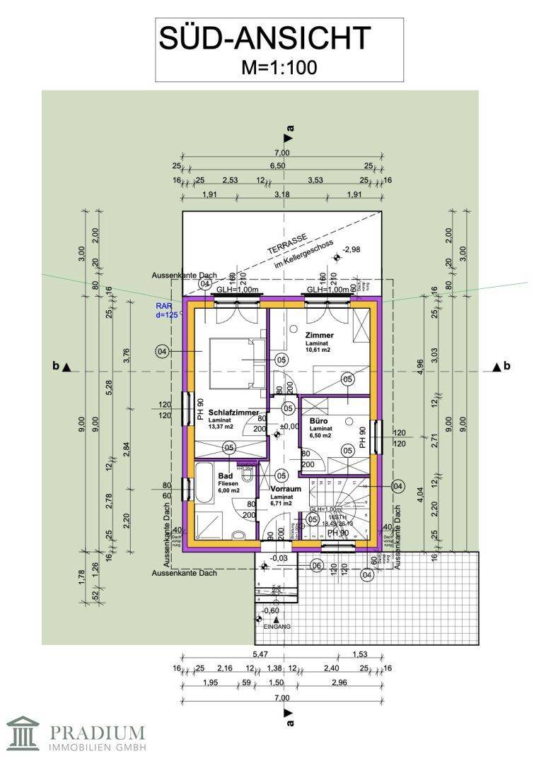 Grundriss der Südansicht mit Schlafzimmer, Bad, Büro und Terrasse im Untergeschoss.