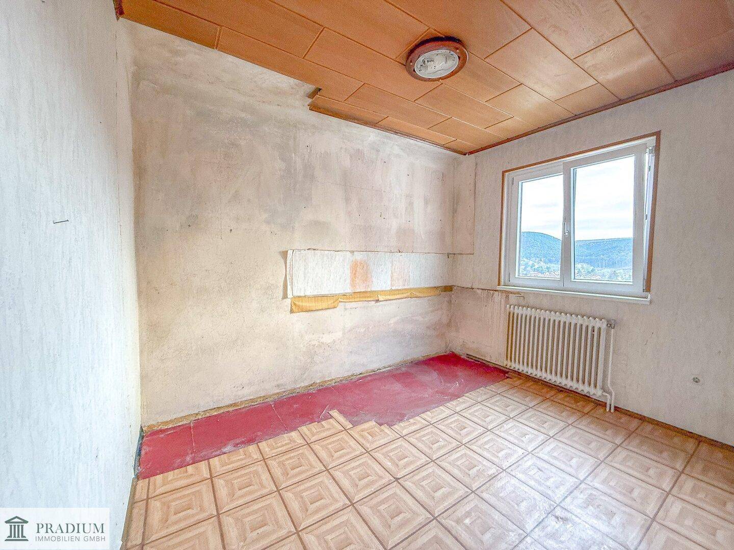 Kleiner Raum mit braunen Fliesen, holzvertäfelter Decke und Blick ins Grüne, renovierungsbedürftig.