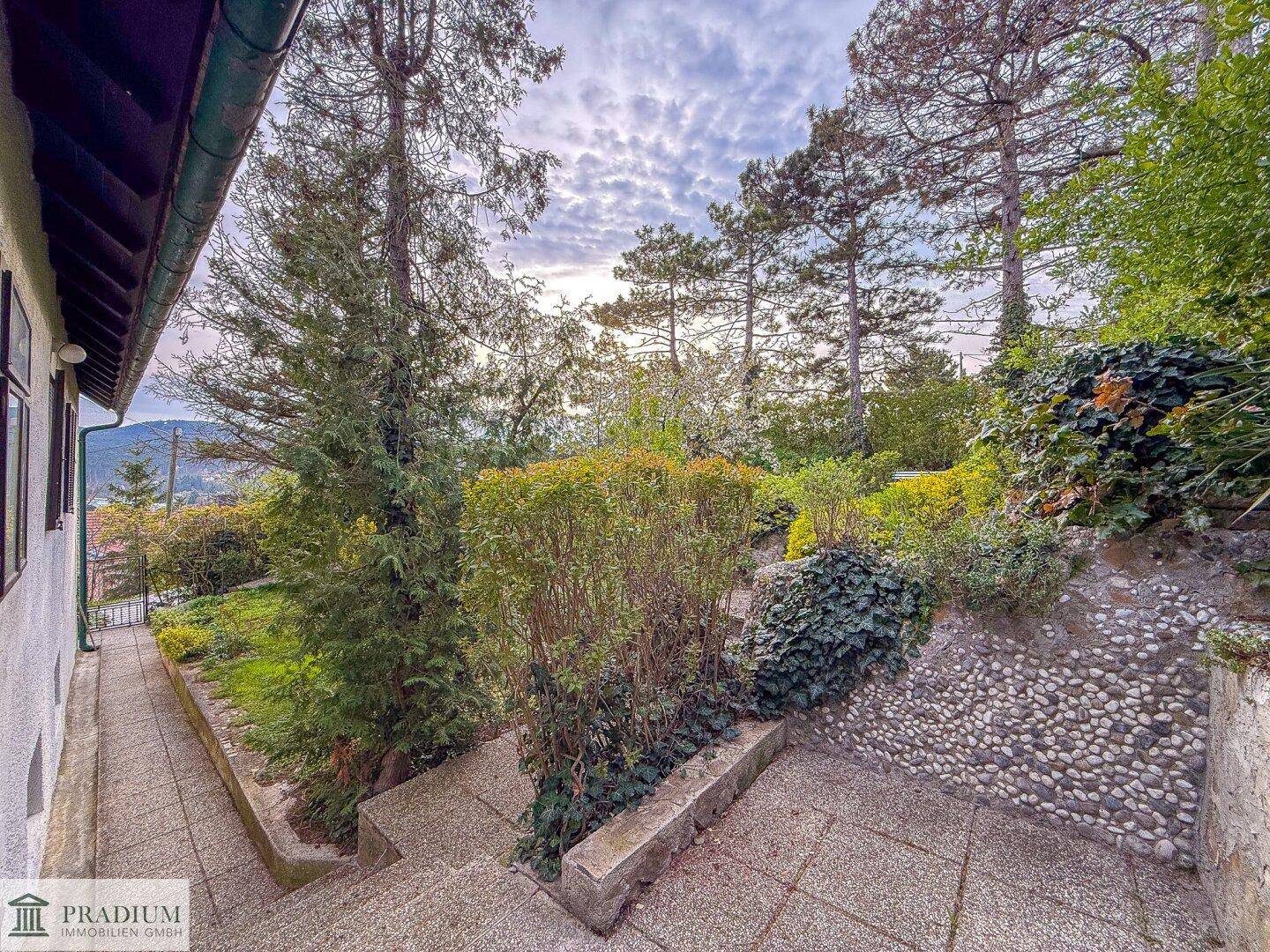 Terrassierter Gartenbereich mit Steinweg, Treppen und üppiger Bepflanzung, bietet vielfältige Gestaltung.