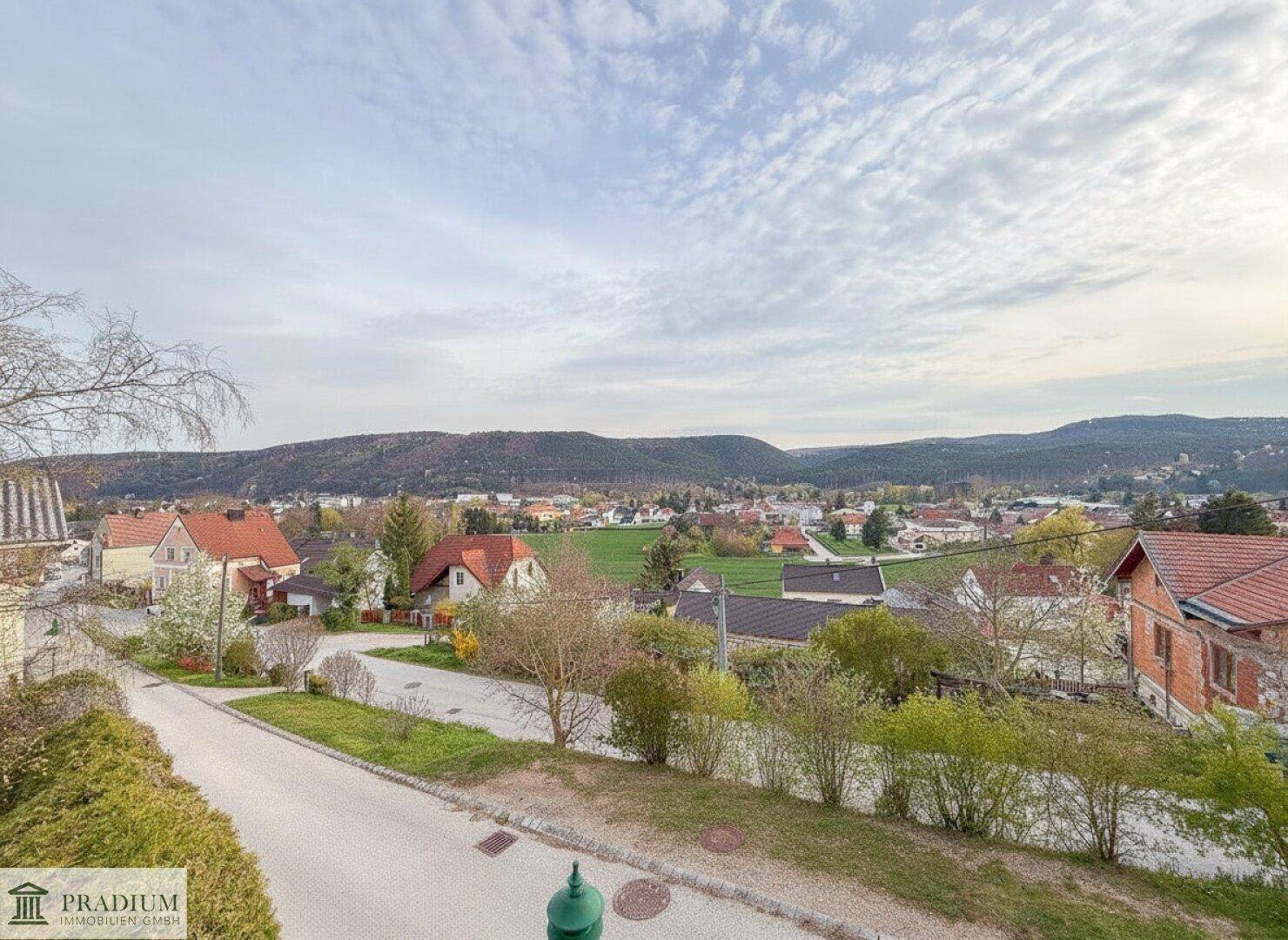 Weitläufiger Blick über die grüne Landschaft mit Häusern und Hügeln unter bewölktem Himmel.