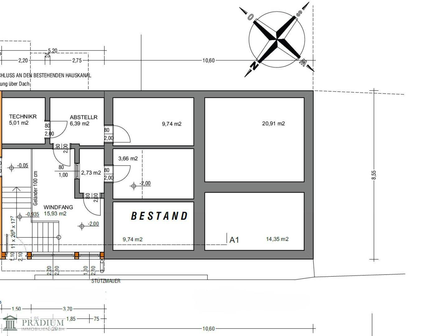 Grundriss des Erdgeschosses mit Technikraum, Abstellraum und weiteren Nutzflächen.