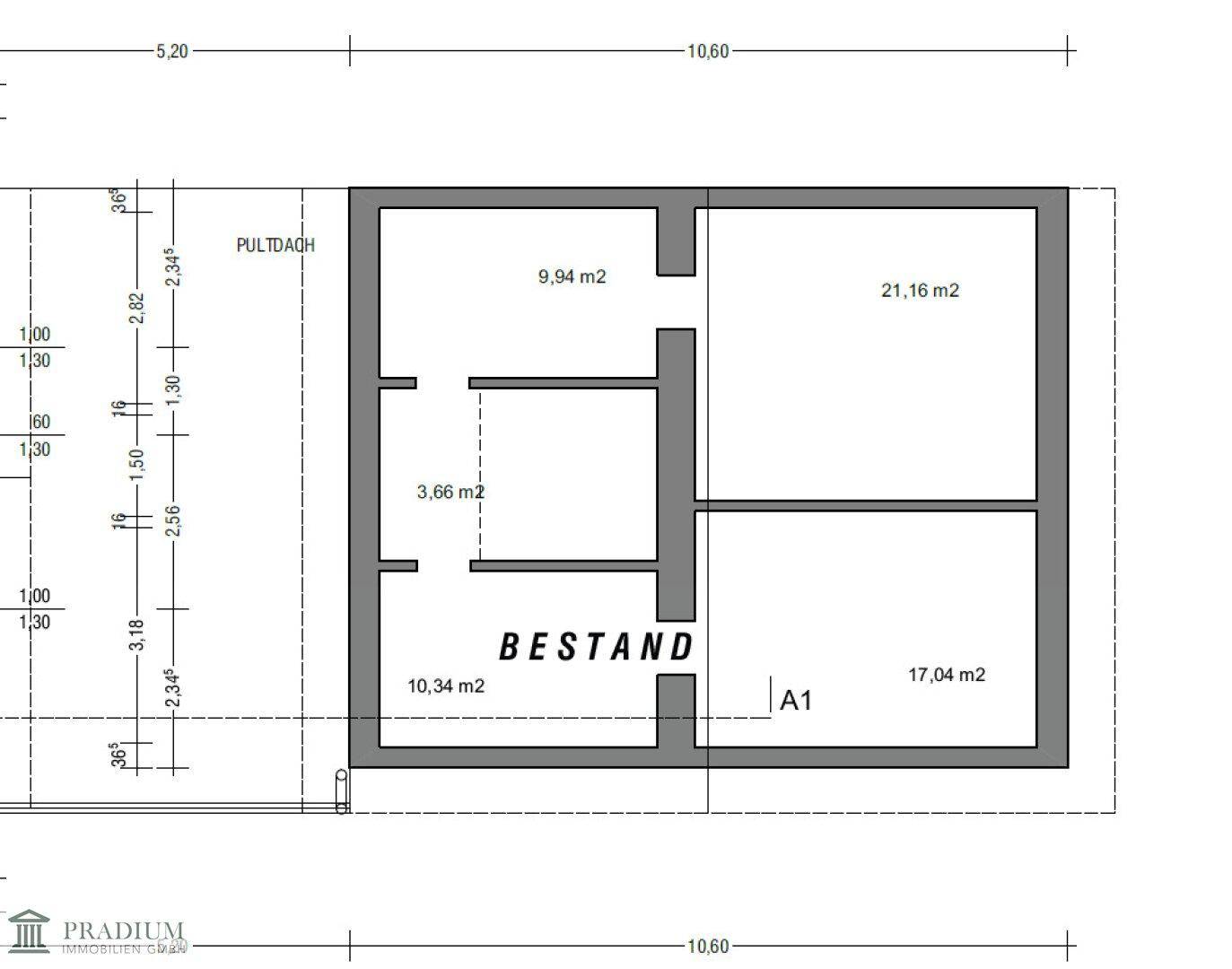 Grundriss des Obergeschosses mit Pultdach und verschiedenen Räumen.