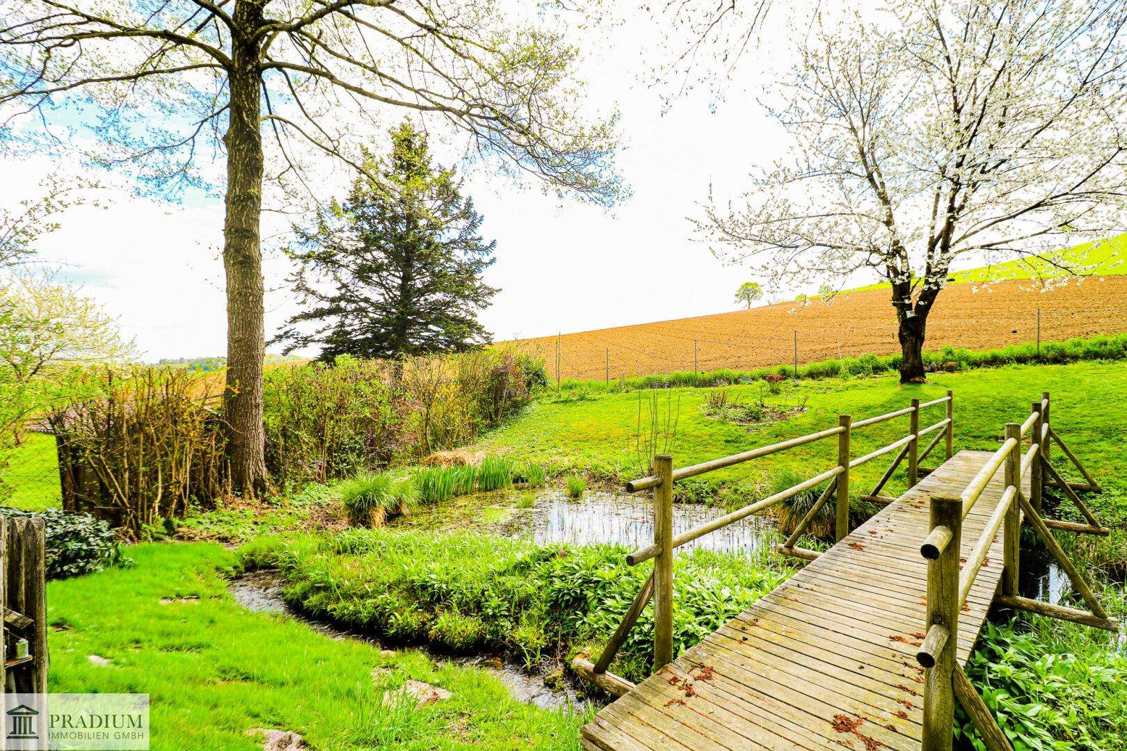 Charmante Holzbrücke über einen kleinen Teich im weitläufigen, grünen Gartenbereich.