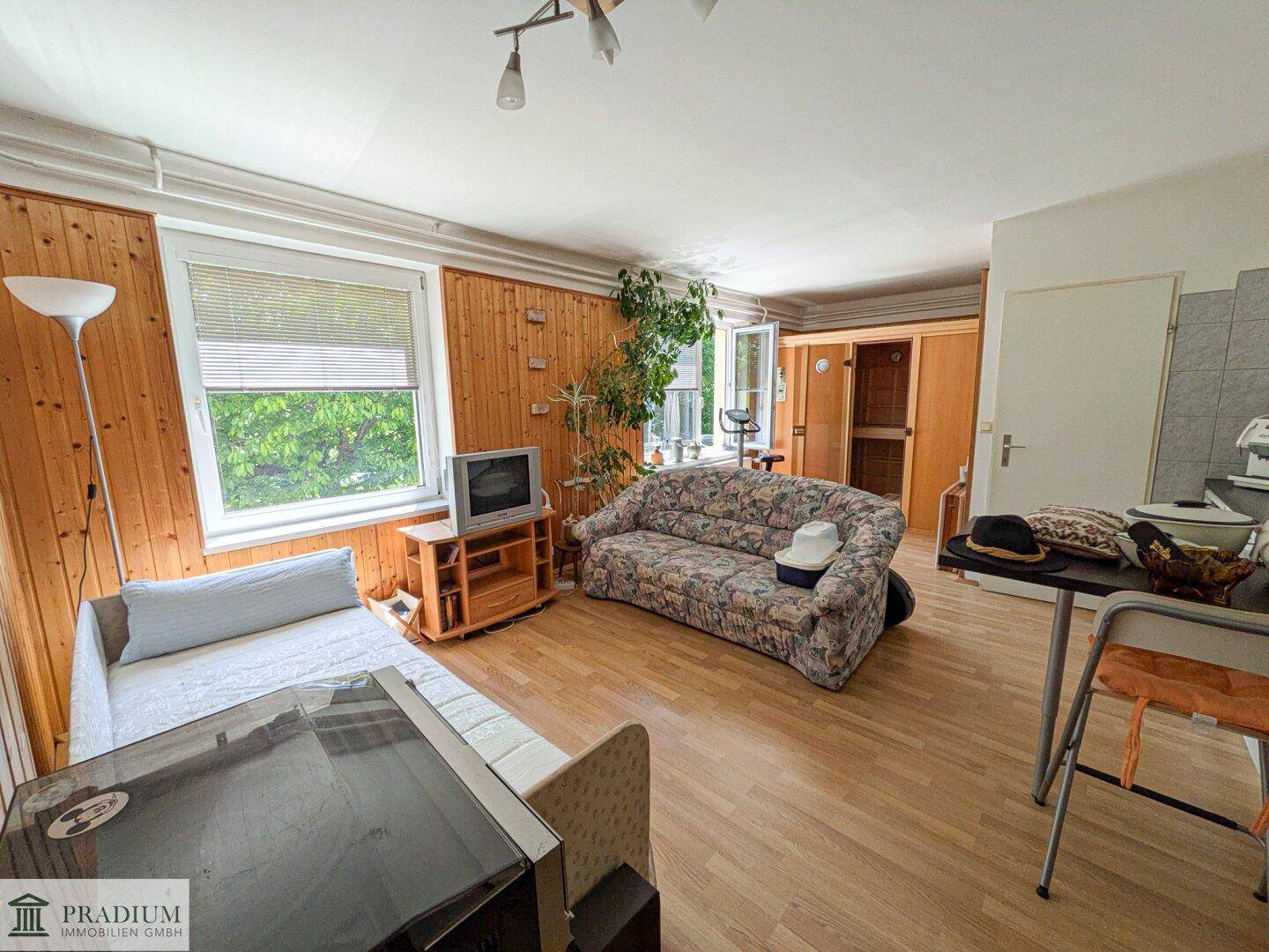 Gemütliches Wohnzimmer mit Holzvertäfelung, Sofa und Fernseher, hell durch große Fenster.