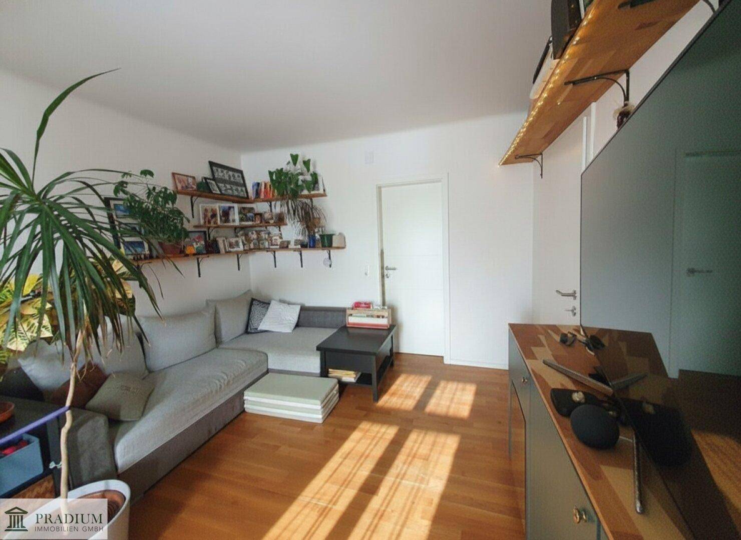 Gemütlicher Wohnbereich mit Sofa, Regalen und Holzboden, ideal zum Entspannen.