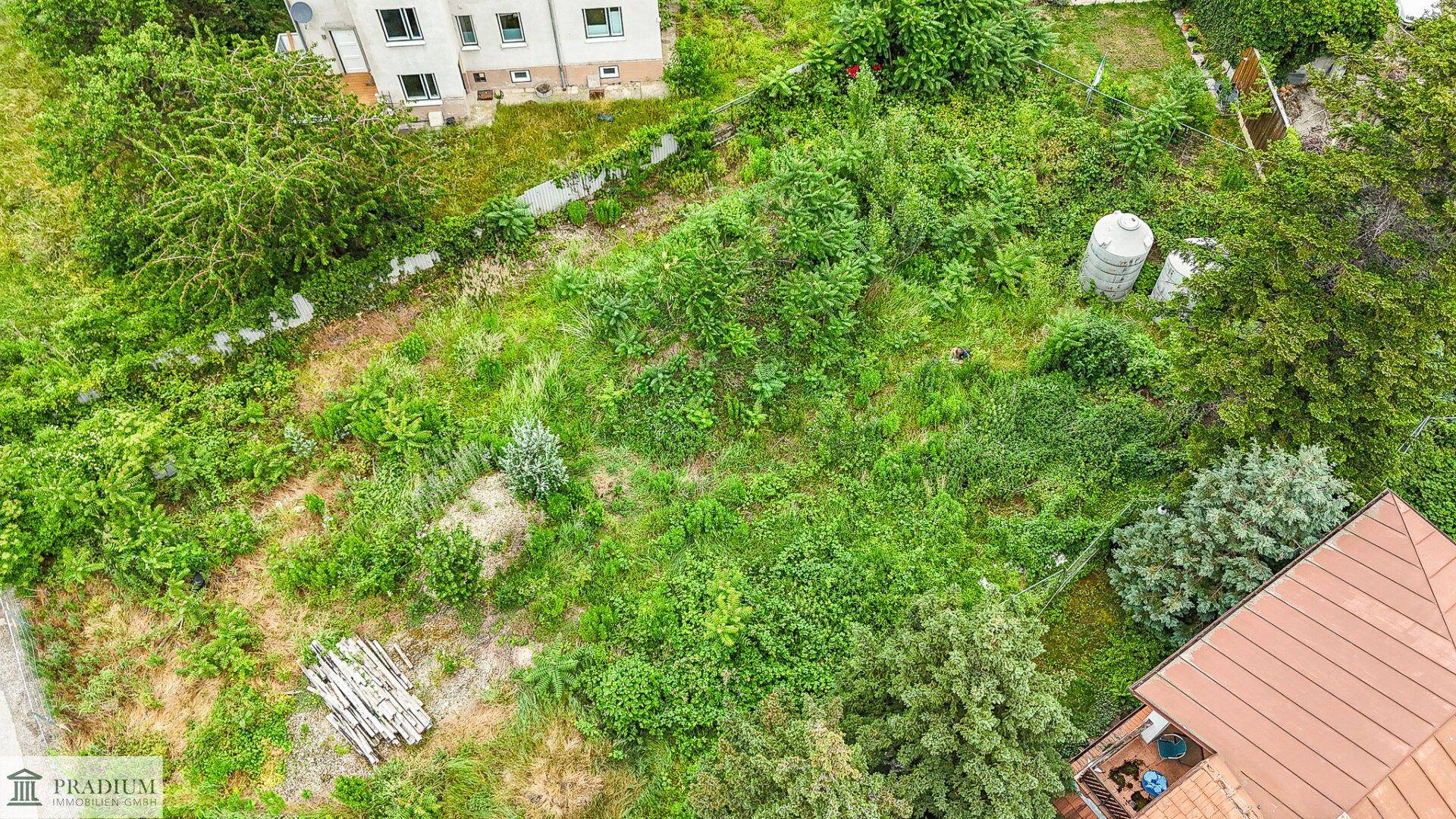 Üppig bewachsenes Grundstück aus der Vogelperspektive mit angrenzendem Wohnhaus und Nebengebäude.