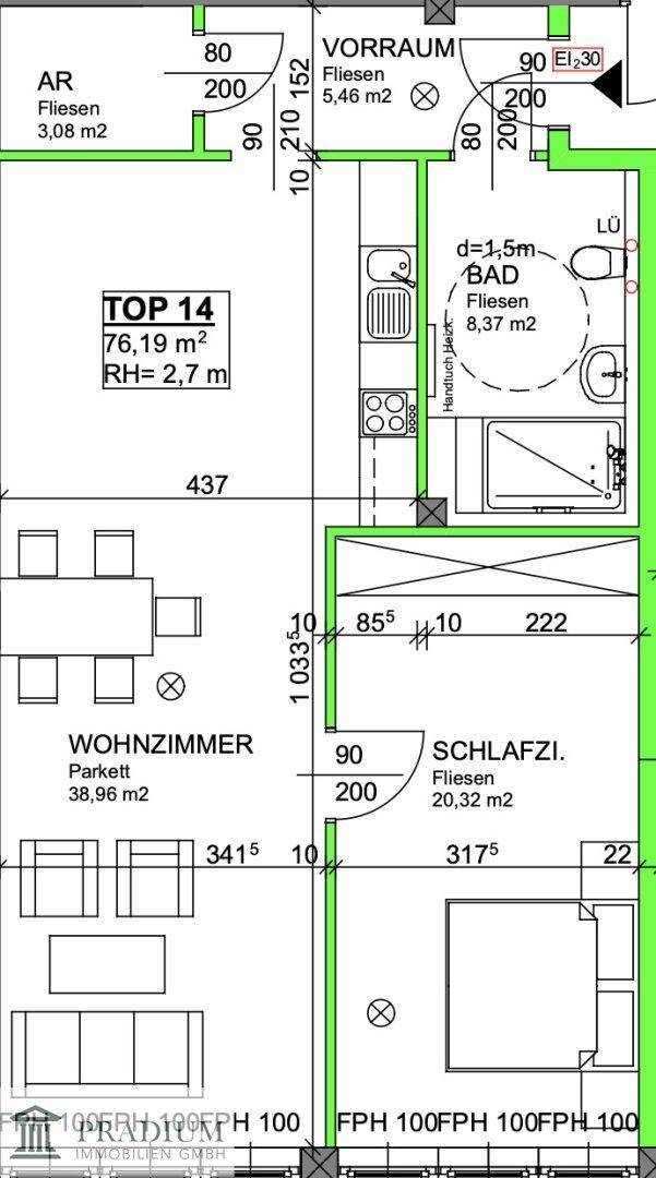 Grundriss einer Wohneinheit mit Wohnzimmer, Schlafzimmer und Bad.