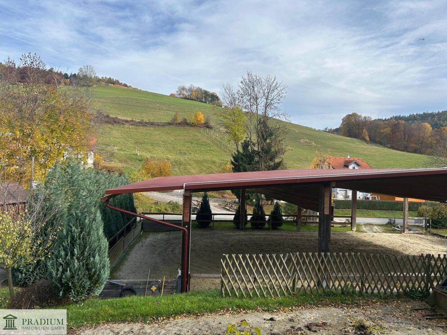 Weitläufige Reitanlage mit überdachtem Bereich, umgeben von grünen Hügeln und Bäumen.