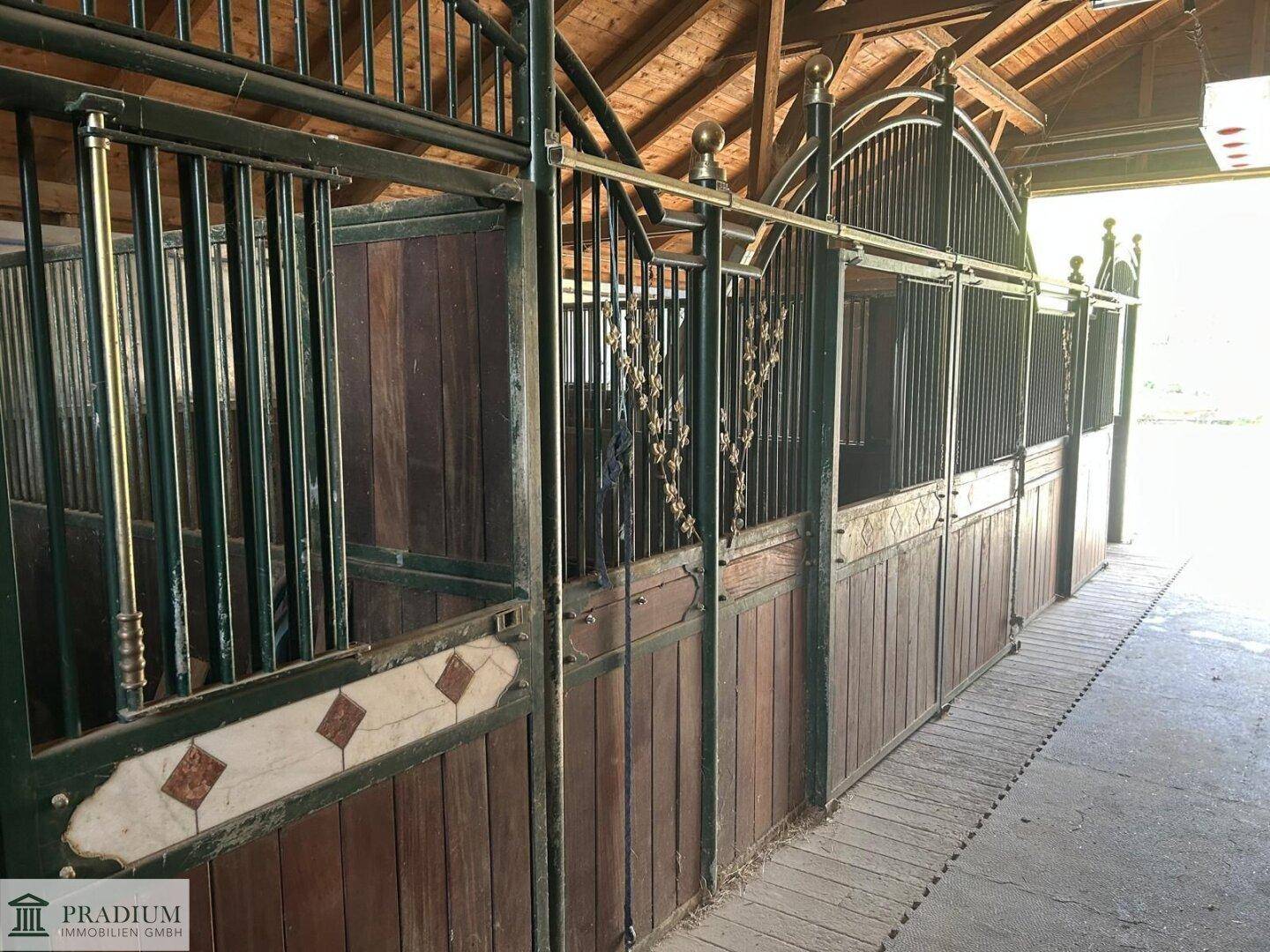 Detailansicht der Pferdeställe mit verzierten Metallgittern und robusten Holzpaneelen.