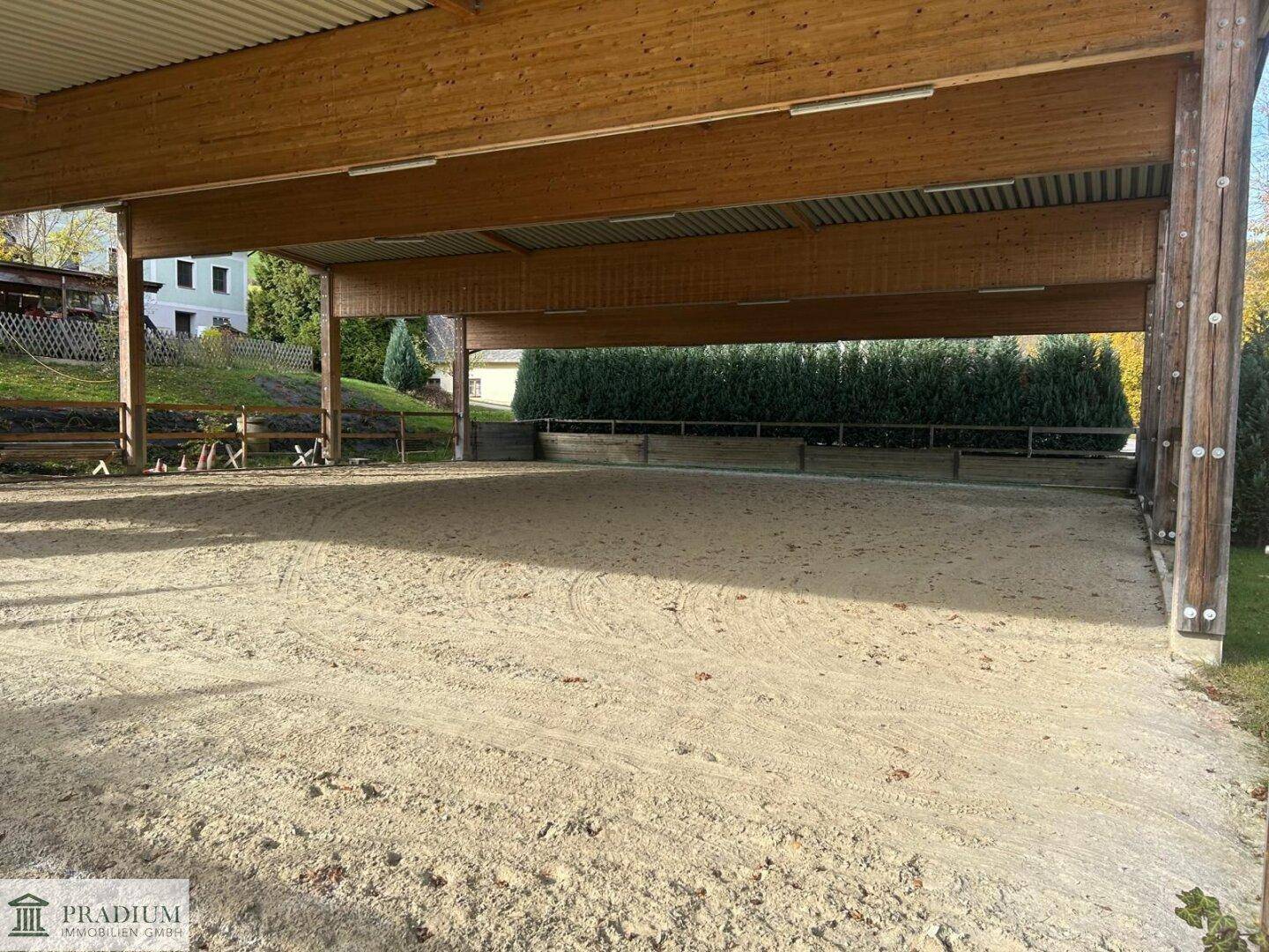 Überdachte Reithalle mit Sandboden und Holzkonstruktion, umgeben von grüner Landschaft.
