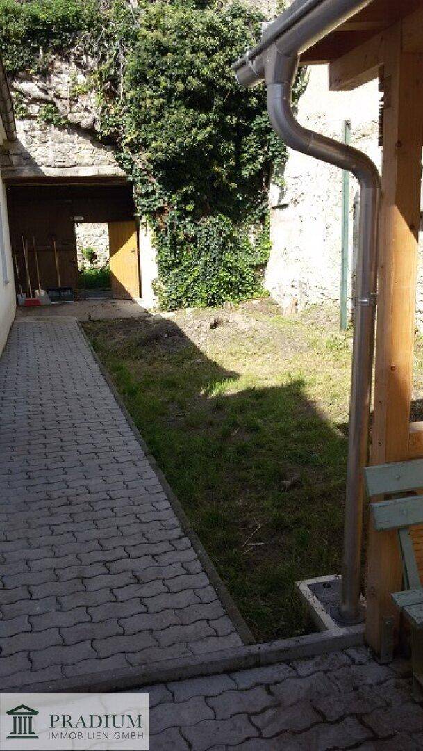 Gepflasterter Weg neben einer Rasenfläche mit einer von Efeu bewachsenen Mauer im Hintergrund.