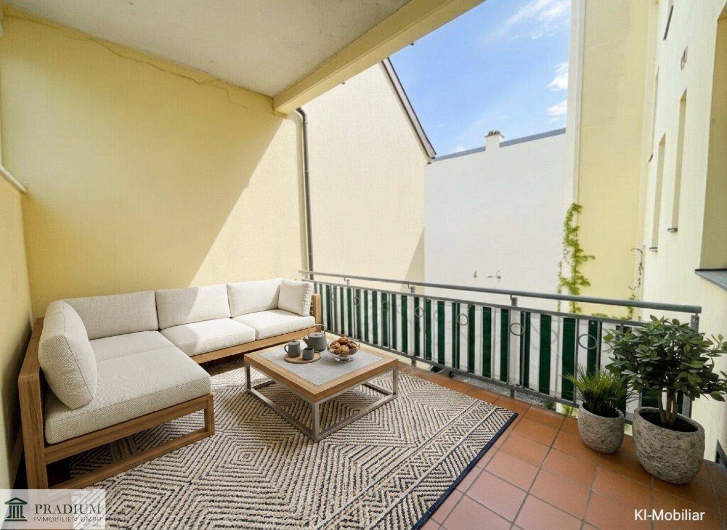 Gemütliche Loggia mit bequemen Outdoor-Möbeln, Teppich und Pflanzen, ideal zum Entspannen im Freien.
