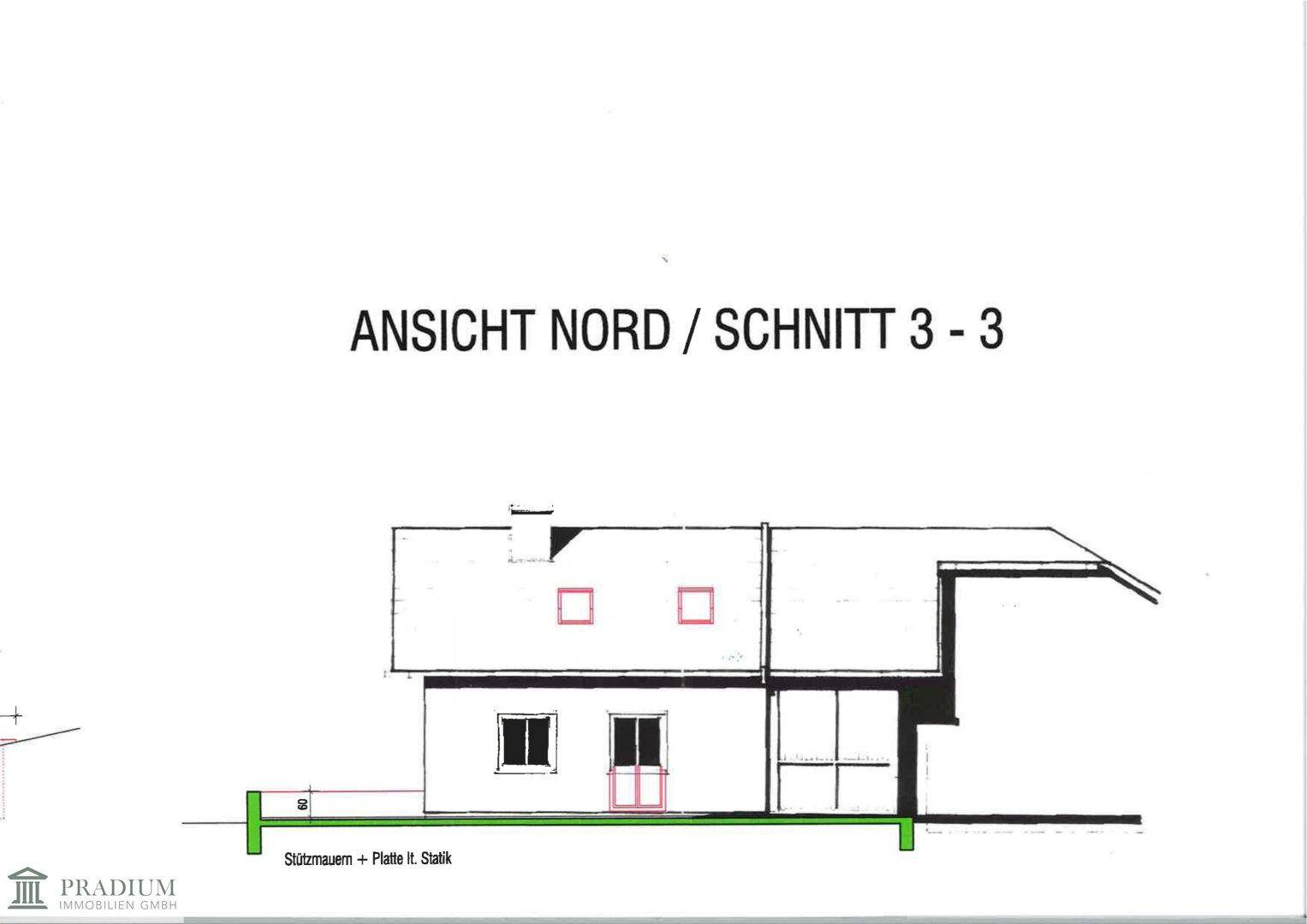 Nordansicht und Schnitt des Gebäudes mit Fensteröffnungen und Dachform.