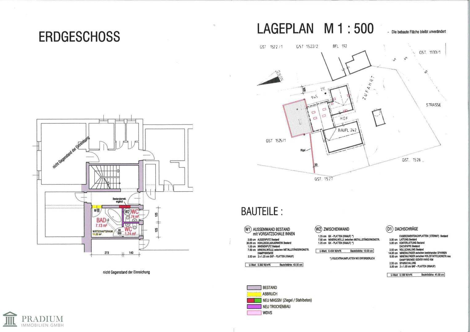 Grundriss des Erdgeschosses mit Lageplan und Details zu Bauteilen und Materialien.