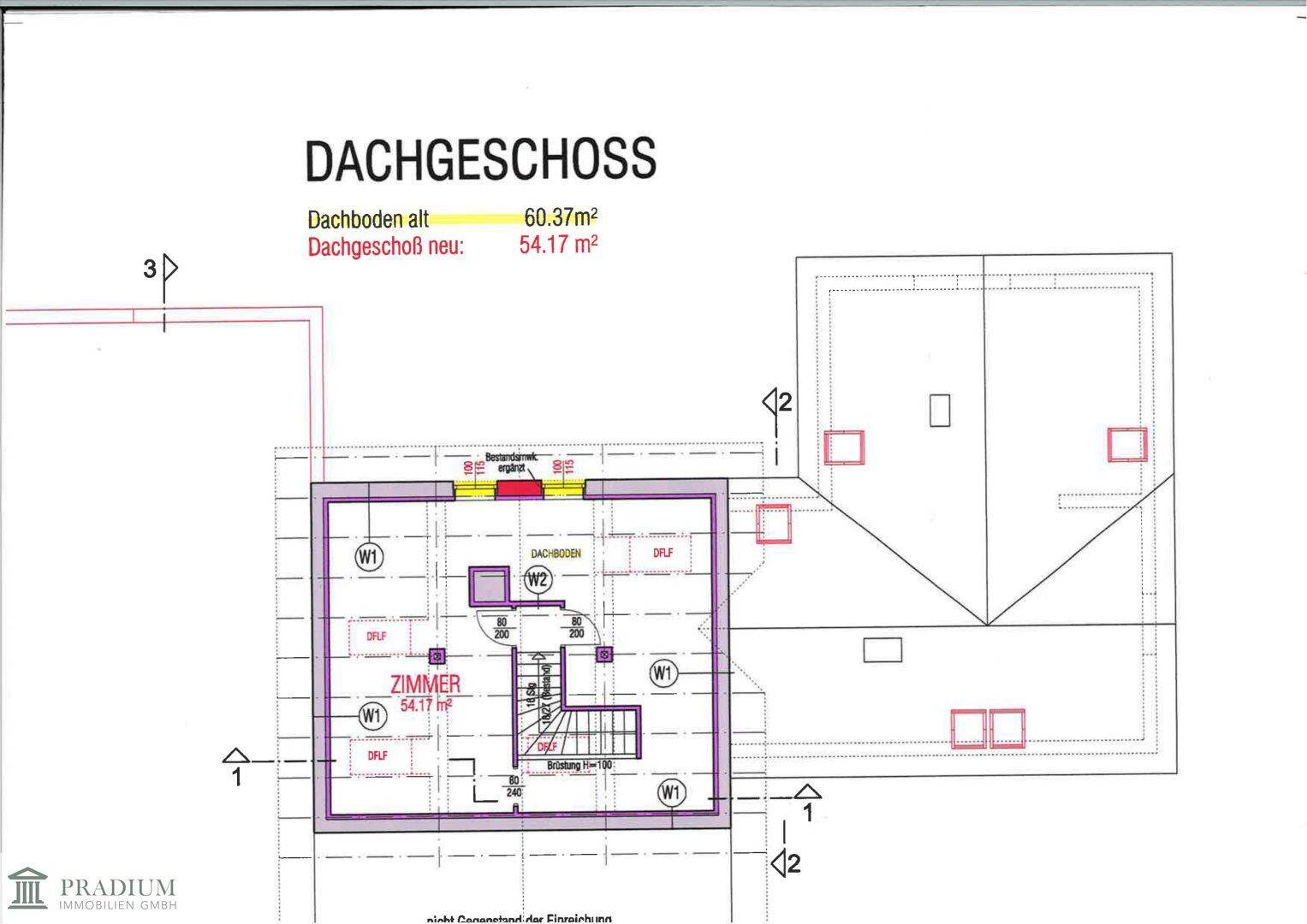 Grundriss des Dachgeschosses mit Zimmer und Dachbodenflächen, inklusive Dachschrägen.