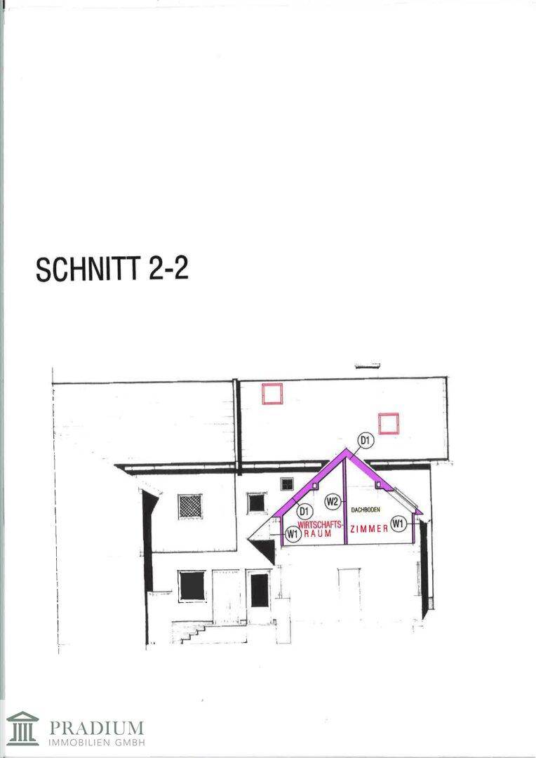Gebäudeschnitt 2-2 zeigt die interne Struktur mit Dachschrägen und Räumen.